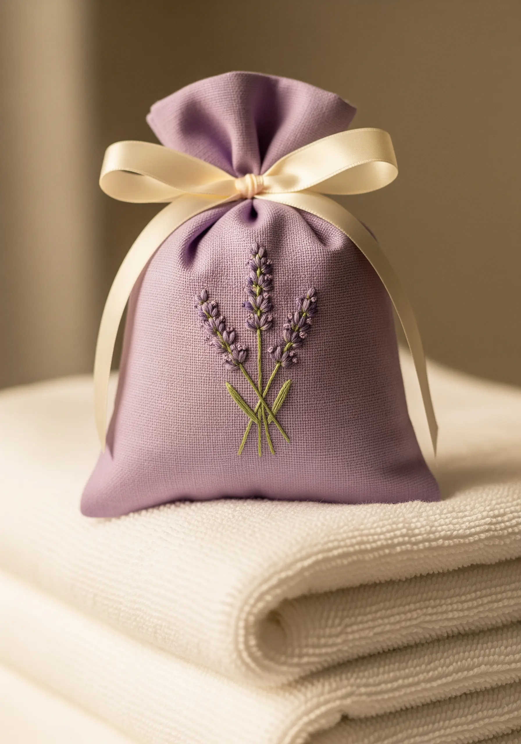 A small lavender-colored fabric sachet embroidered with lavender sprigs, tied with a cream ribbon.