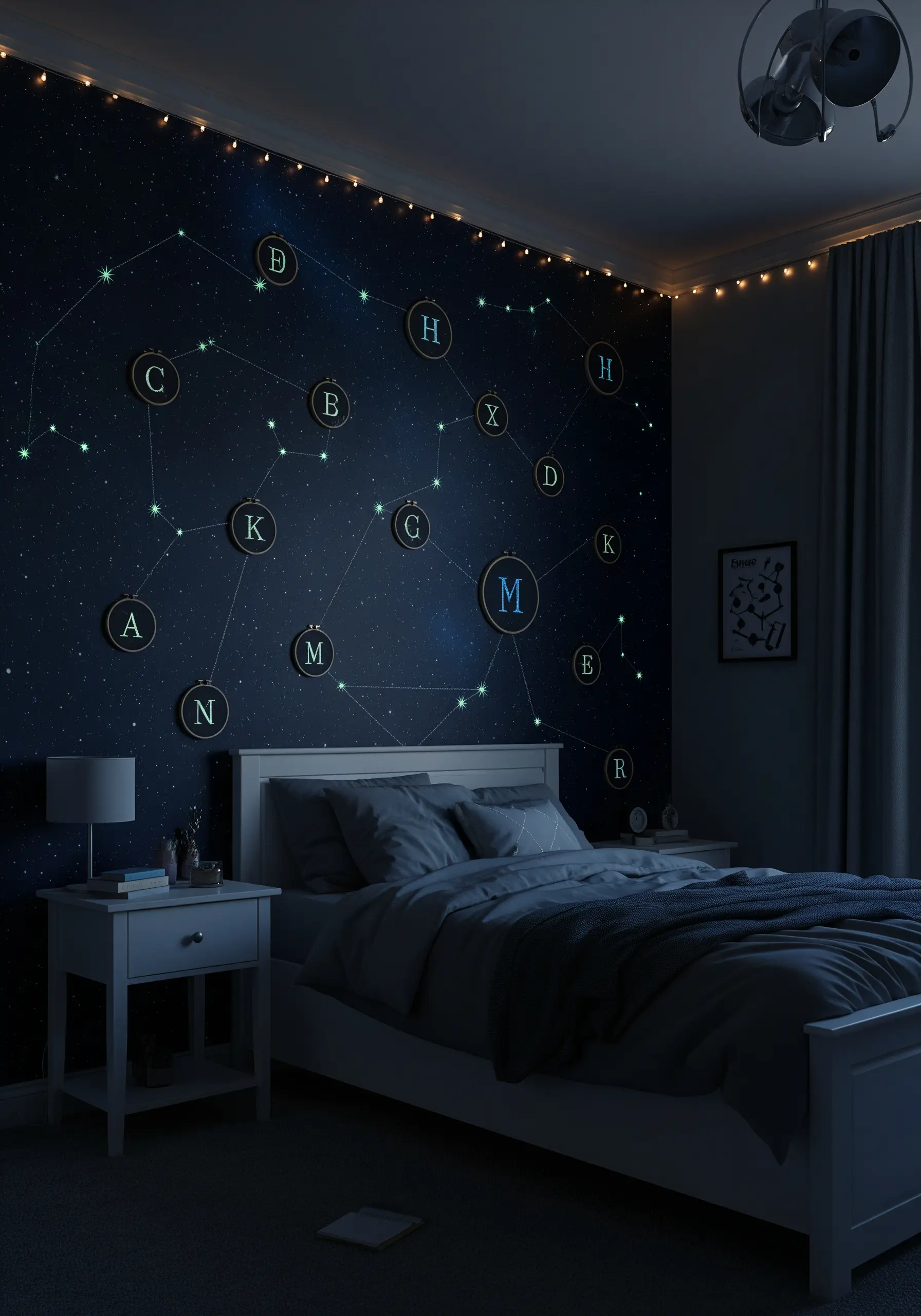 A bedroom wall decorated with small embroidery hoops arranged like a constellation that glows.
