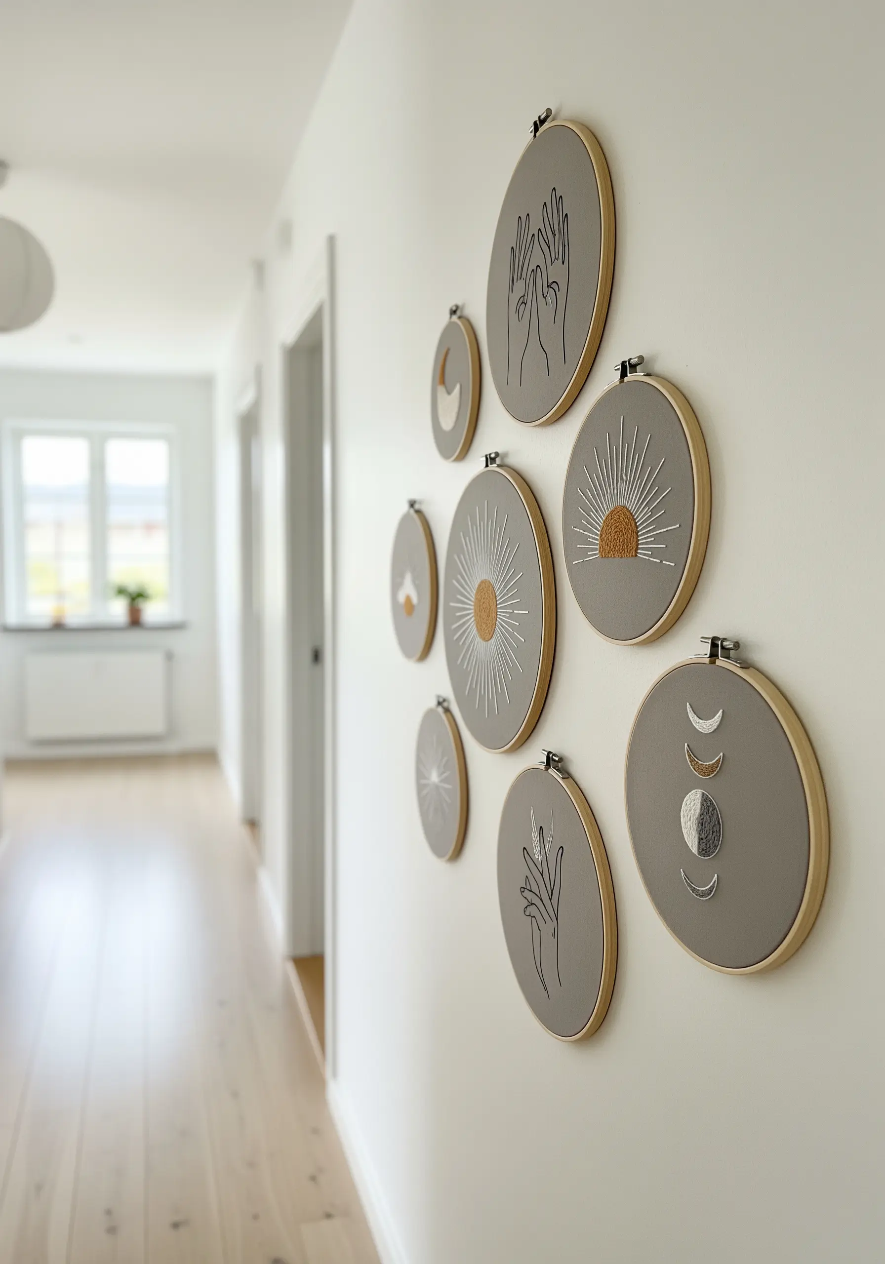 A gallery wall of embroidery hoops in various sizes with celestial and hand motifs.