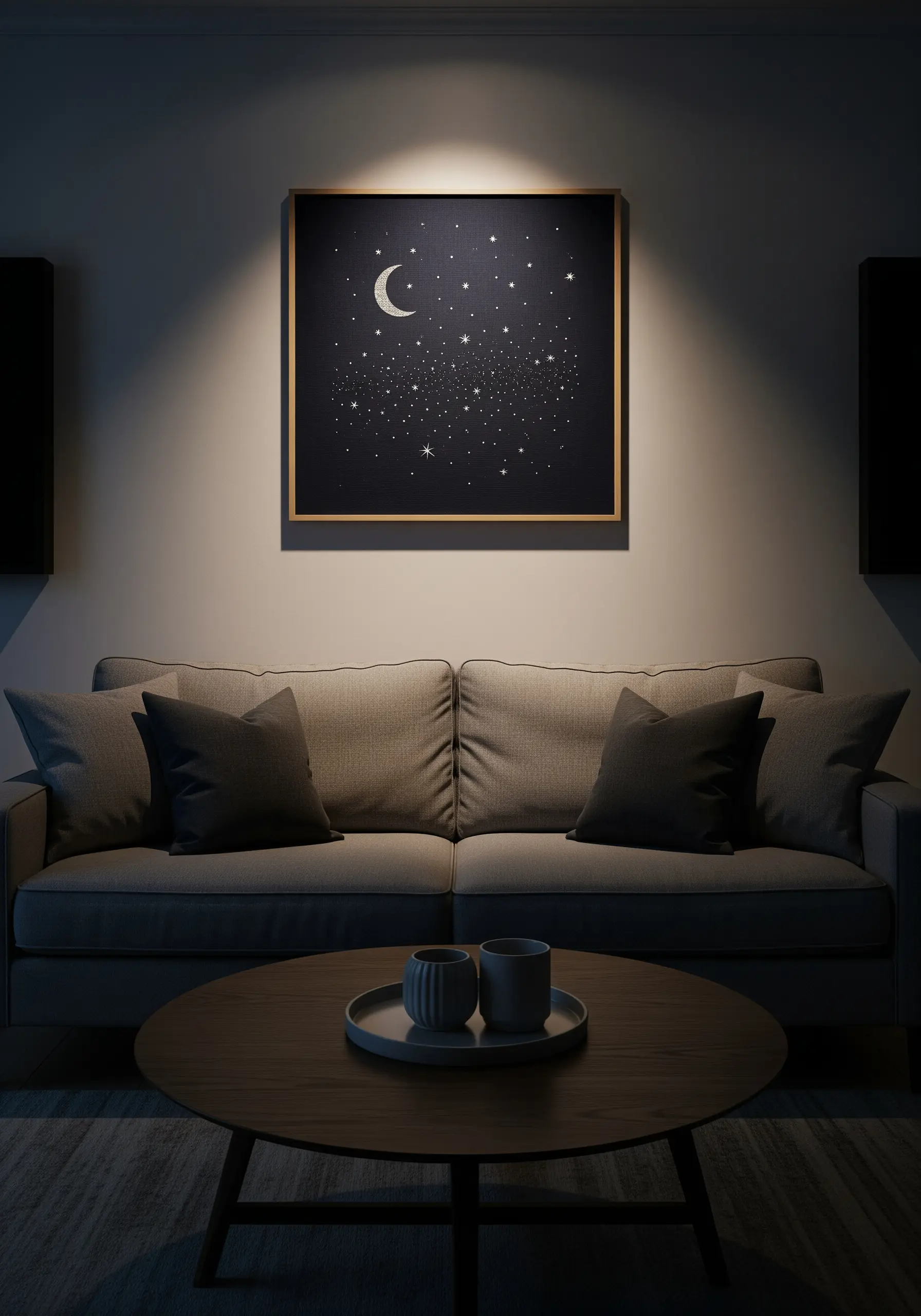 Framed embroidery of a crescent moon and a field of stars on a dark navy fabric.