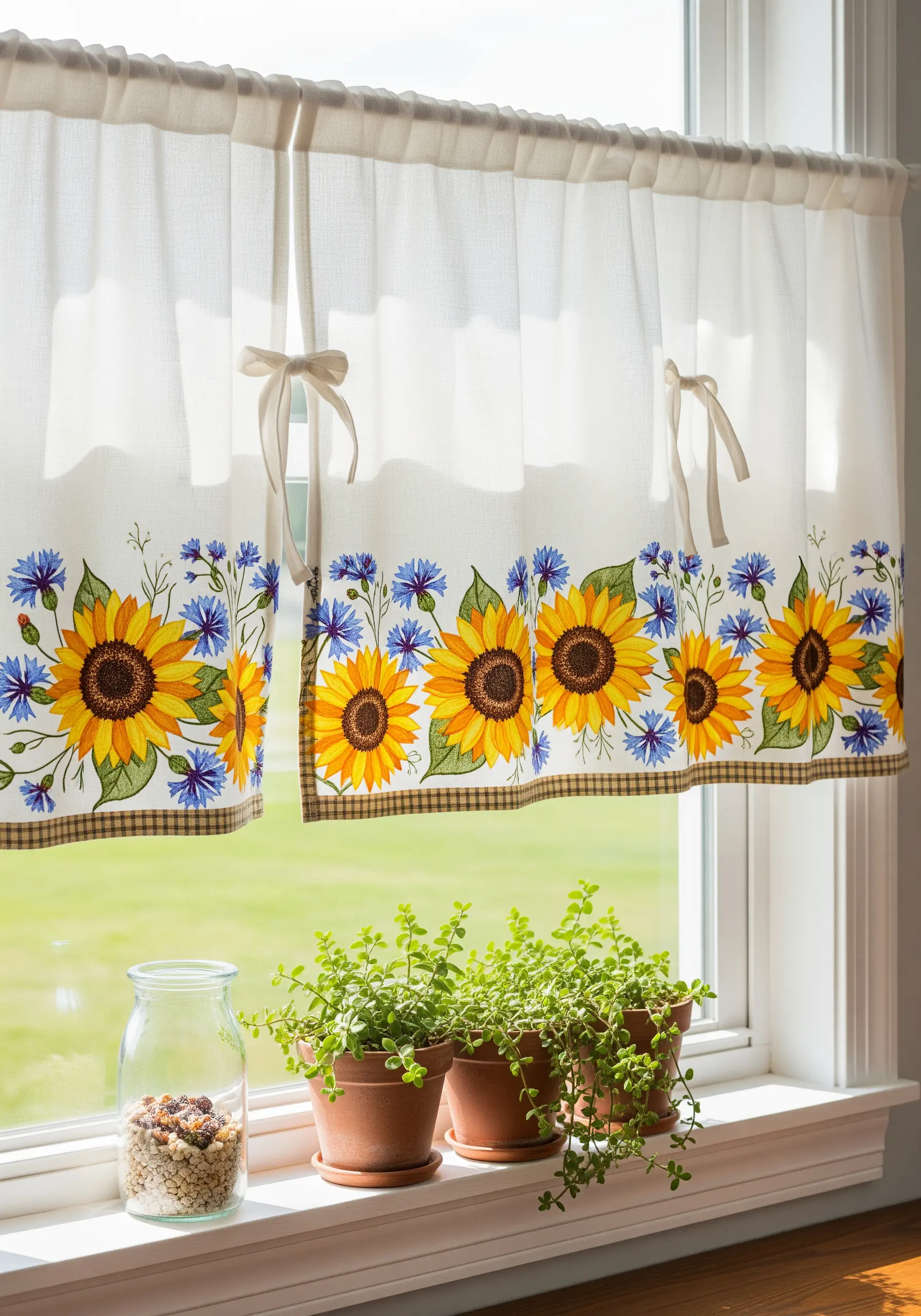 White café curtains with a vibrant embroidered border of sunflowers and blue cornflowers.