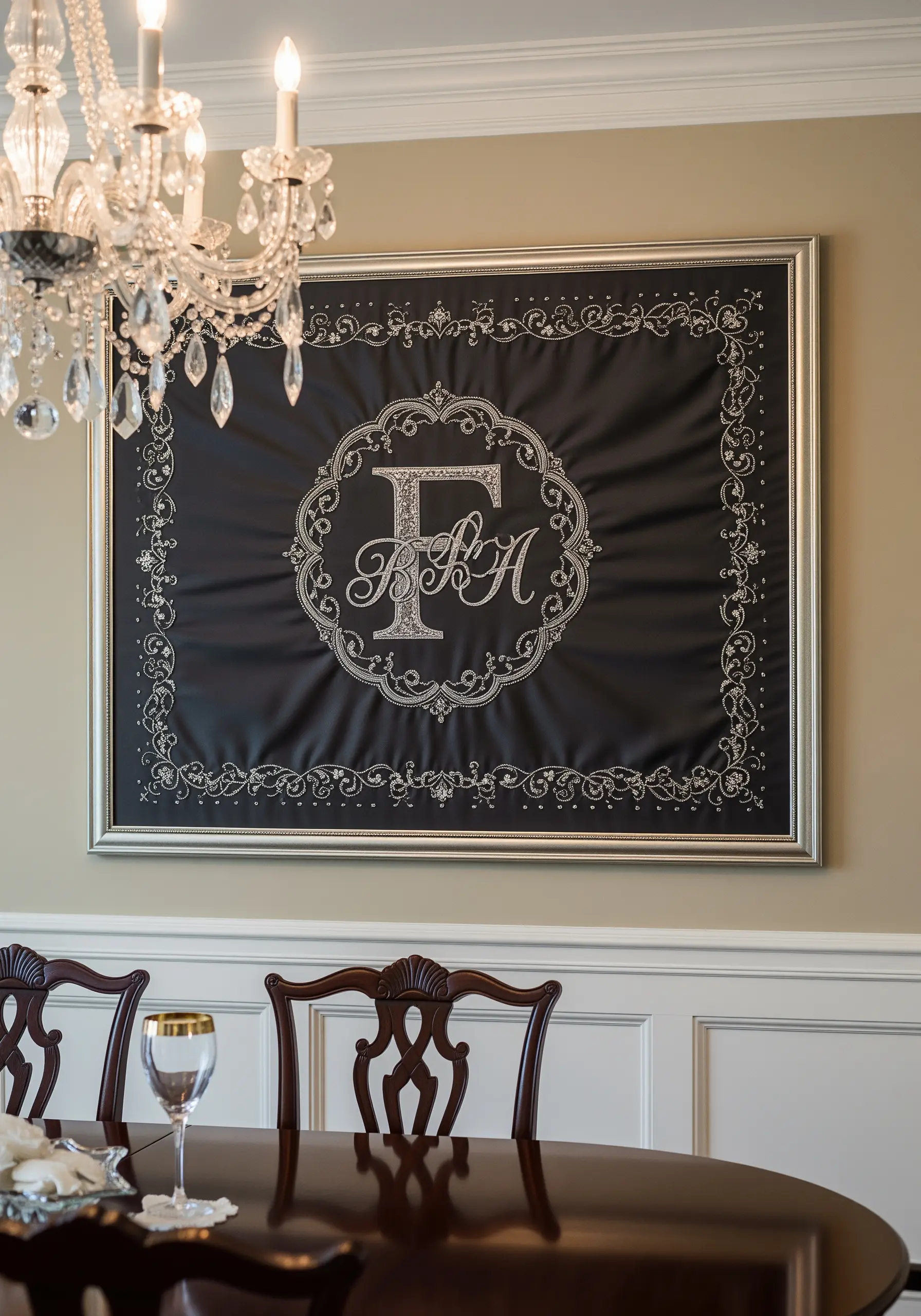 An elegant, large-scale monogram with intricate swirls embroidered in white on black fabric.
