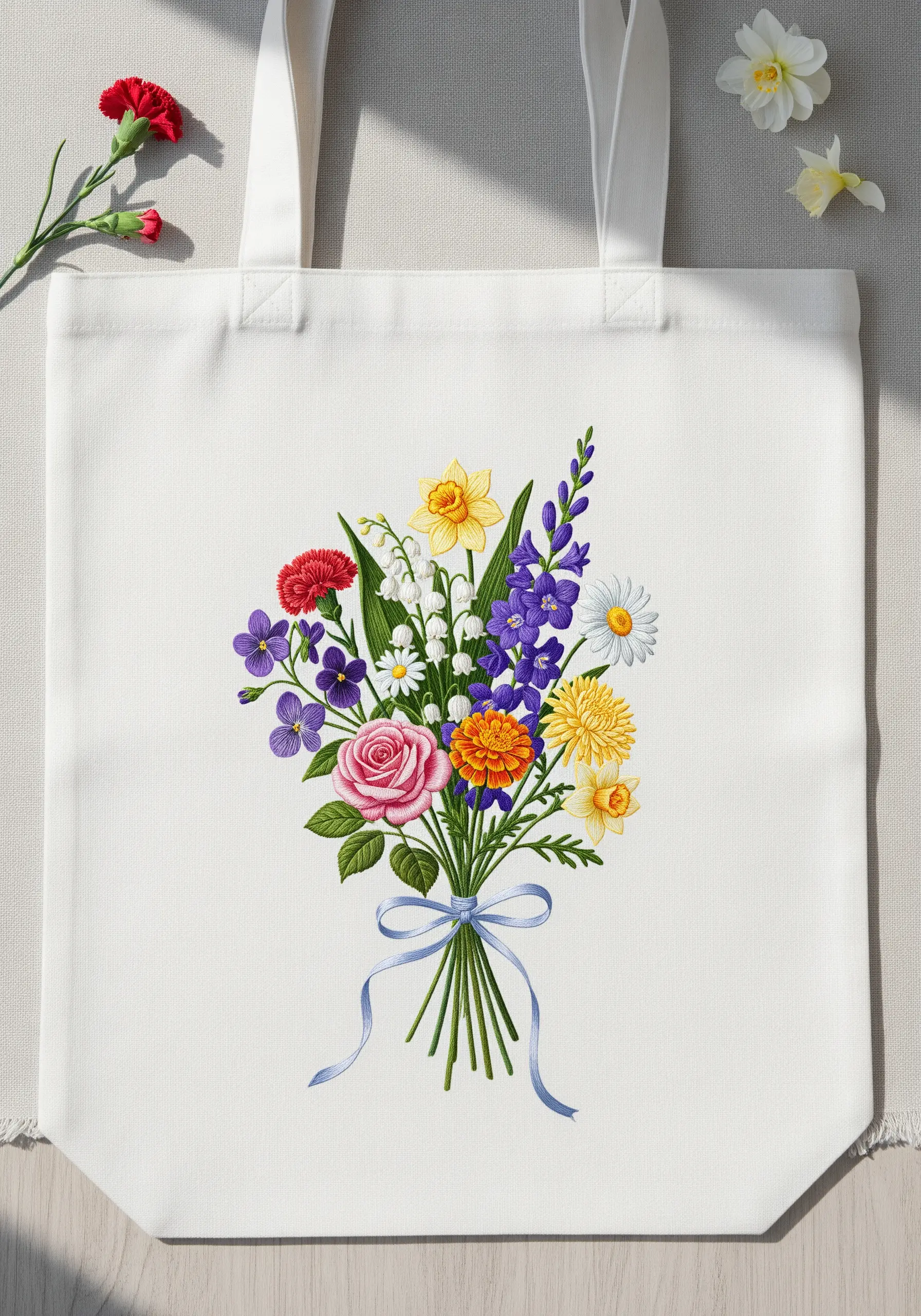 A colorful and detailed embroidered bouquet of various wildflowers tied with a blue ribbon.