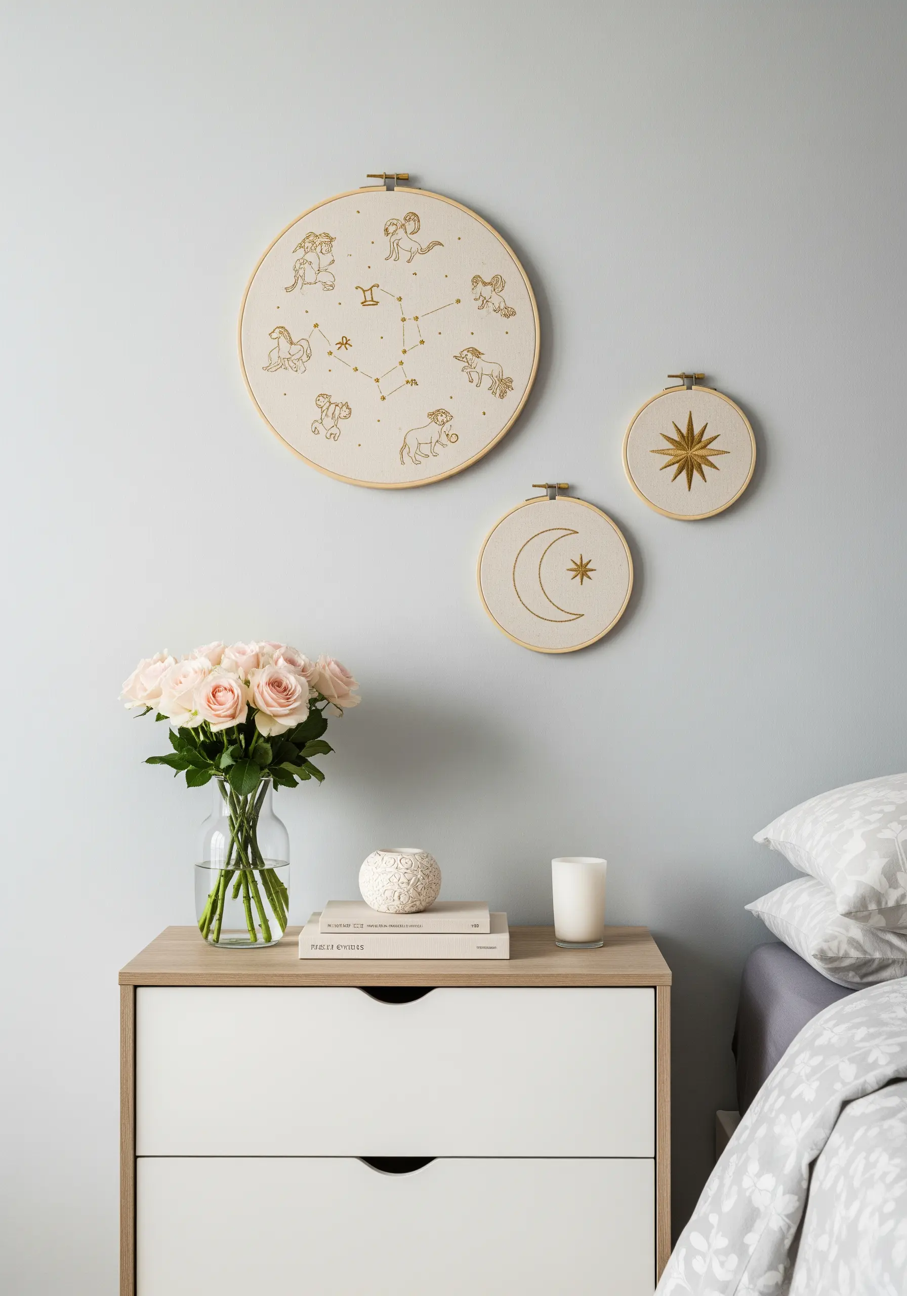Three embroidery hoops with gold thread zodiac, moon, and star designs on a neutral wall.