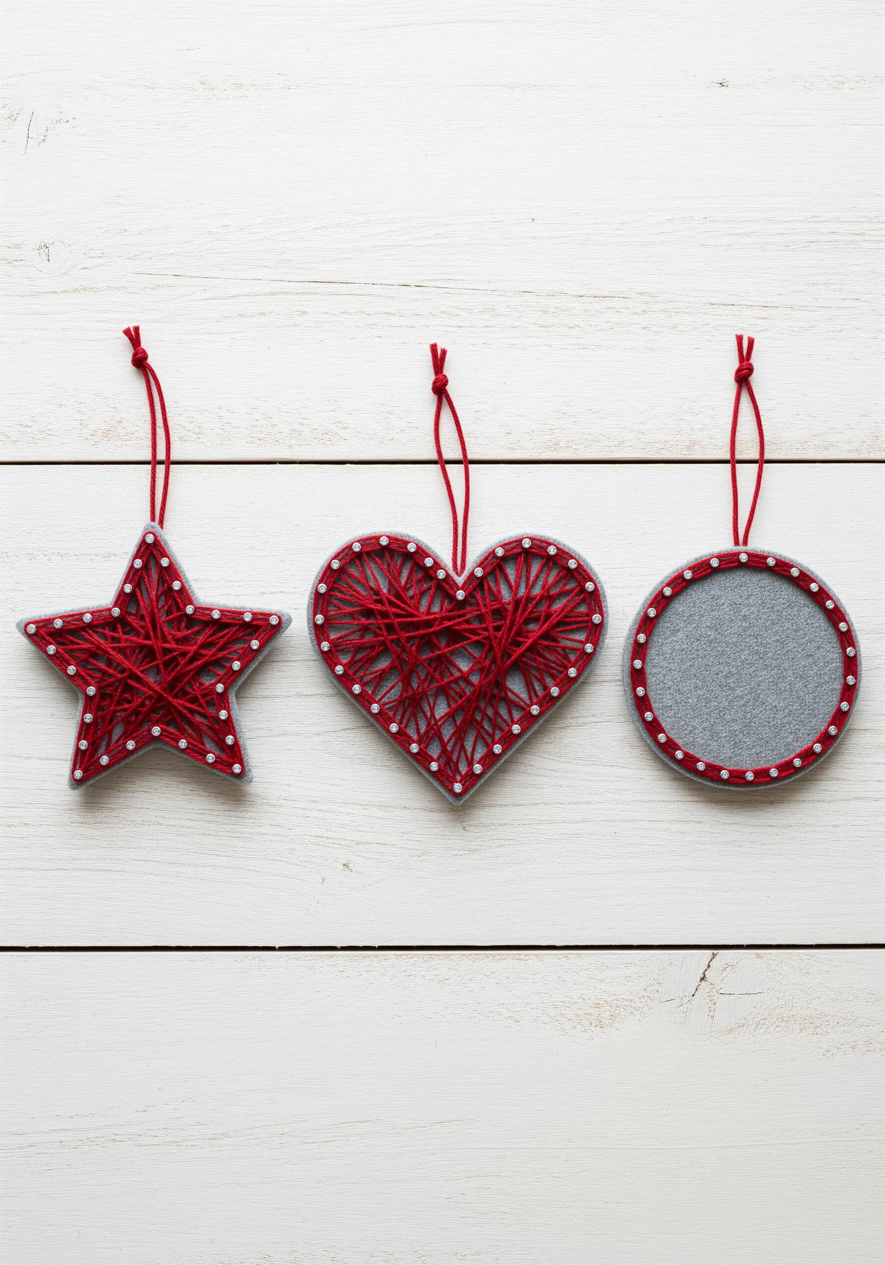 A set of three string art ornaments—star, heart, circle—in red and grey.