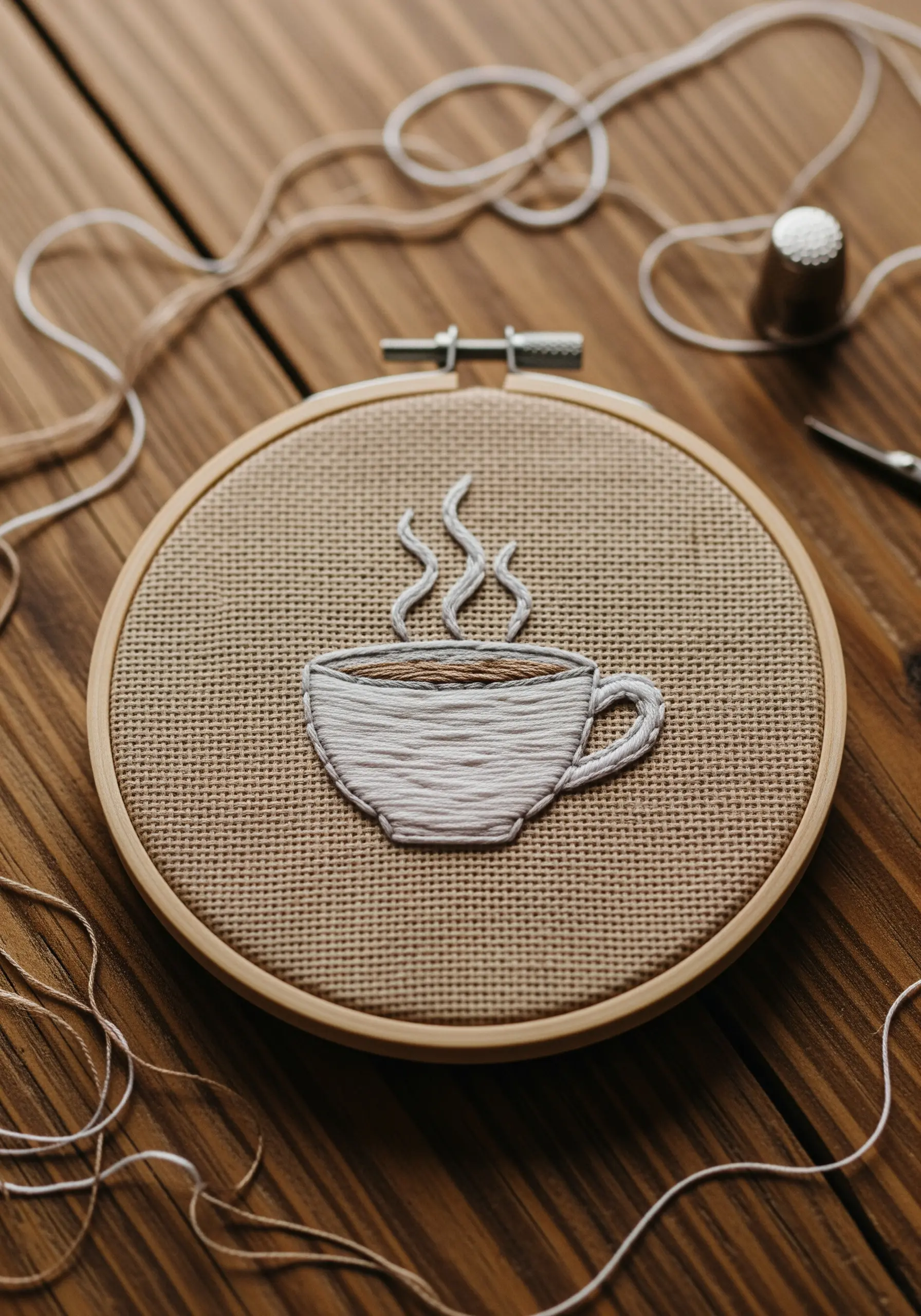 Embroidered coffee cup with layered neutral satin stitches to show swirling coffee.