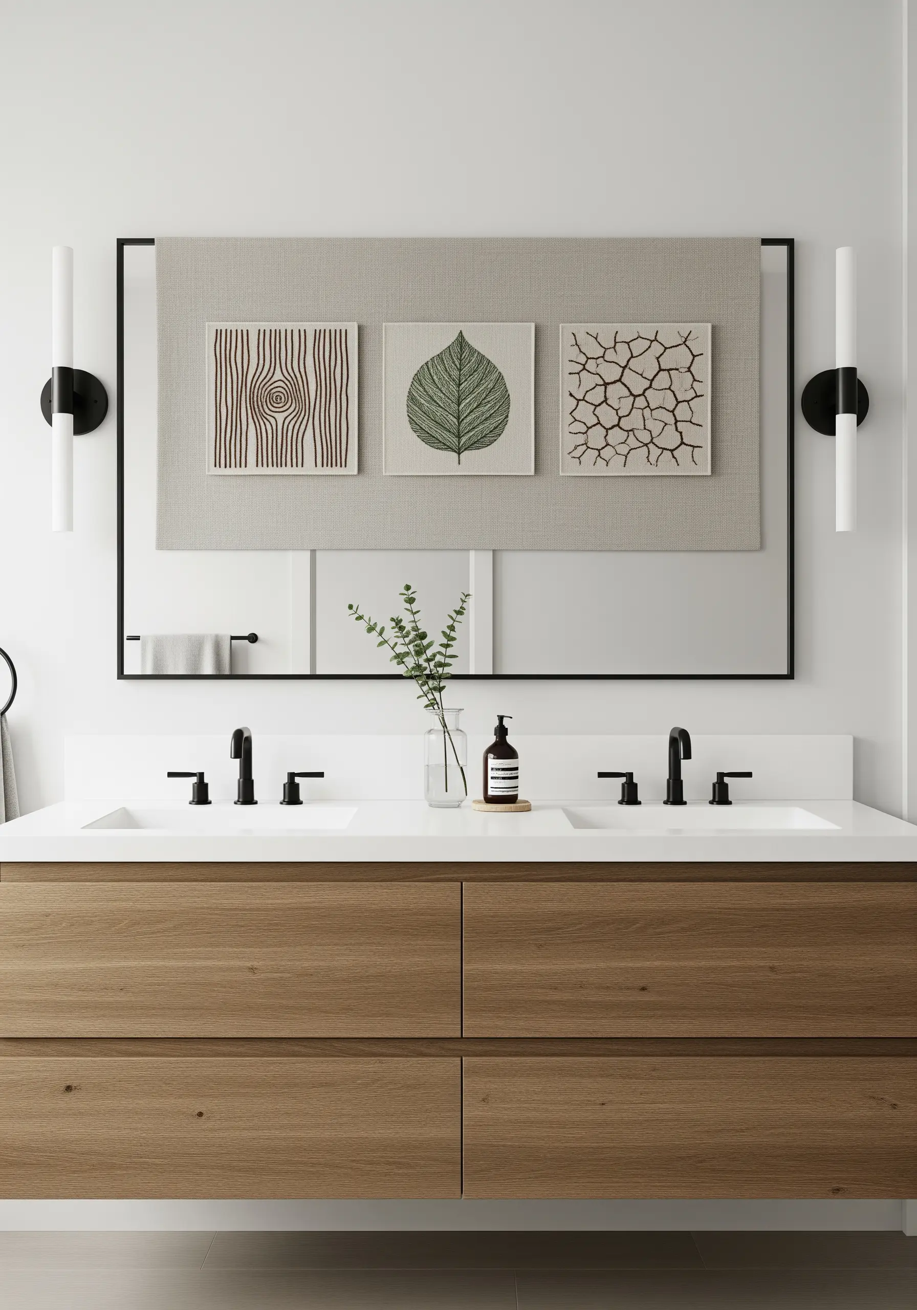 Three small embroidered squares with abstract nature textures: wood, leaf, and cracked earth.