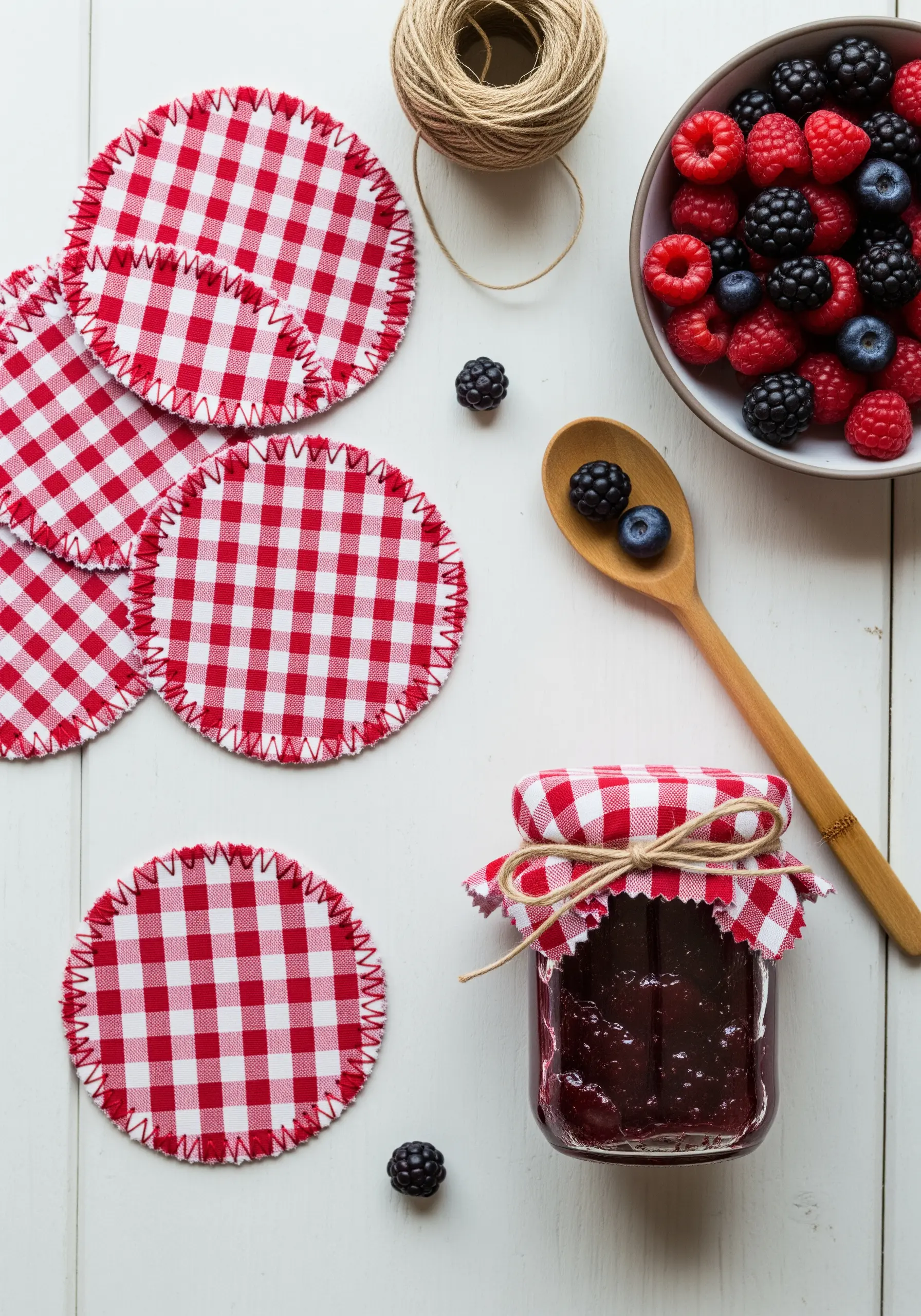 Round gingham fabric coasters with a white blanket stitch finishing the edges.