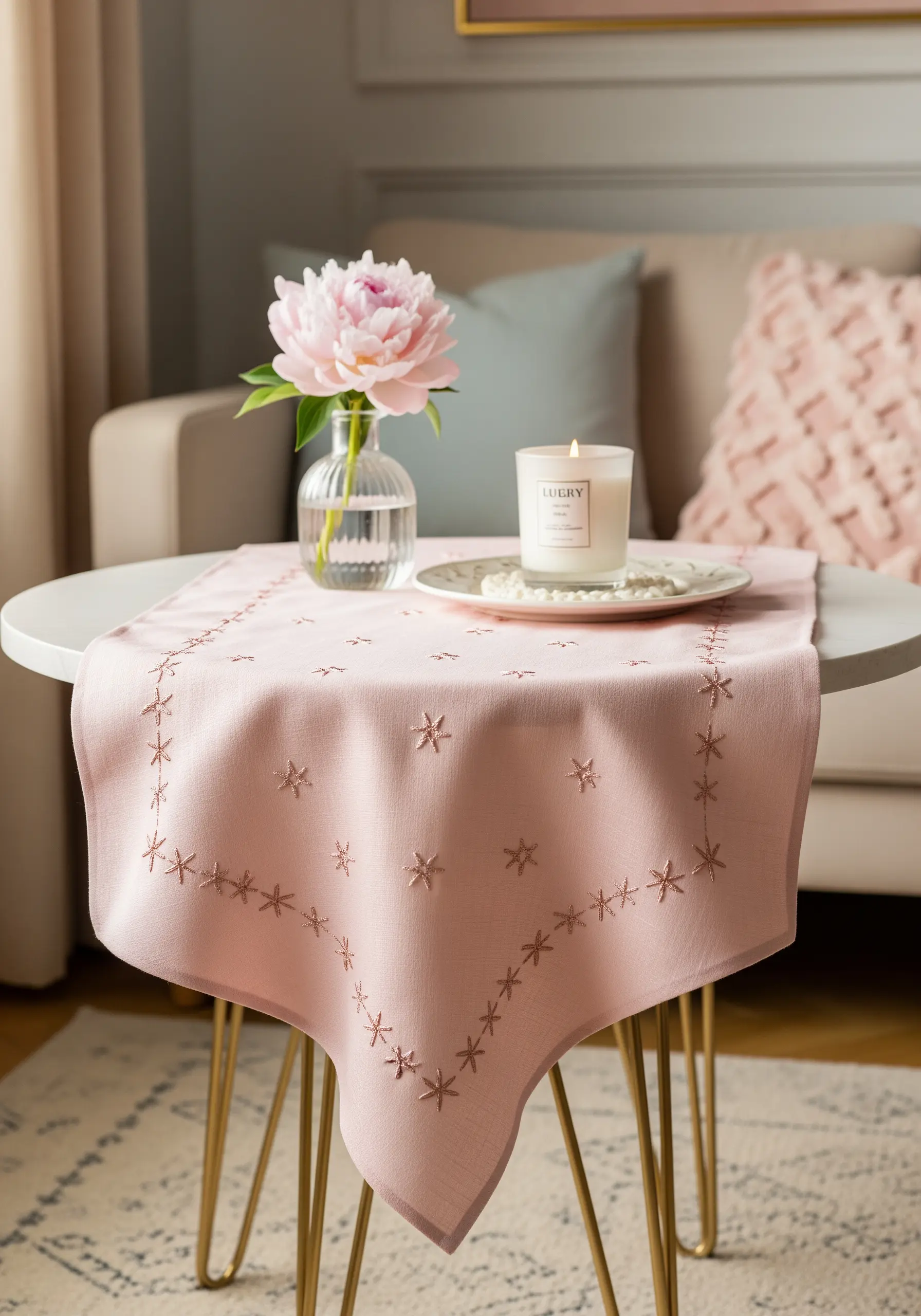 Pink table runner with a delicate border of small embroidered stars.