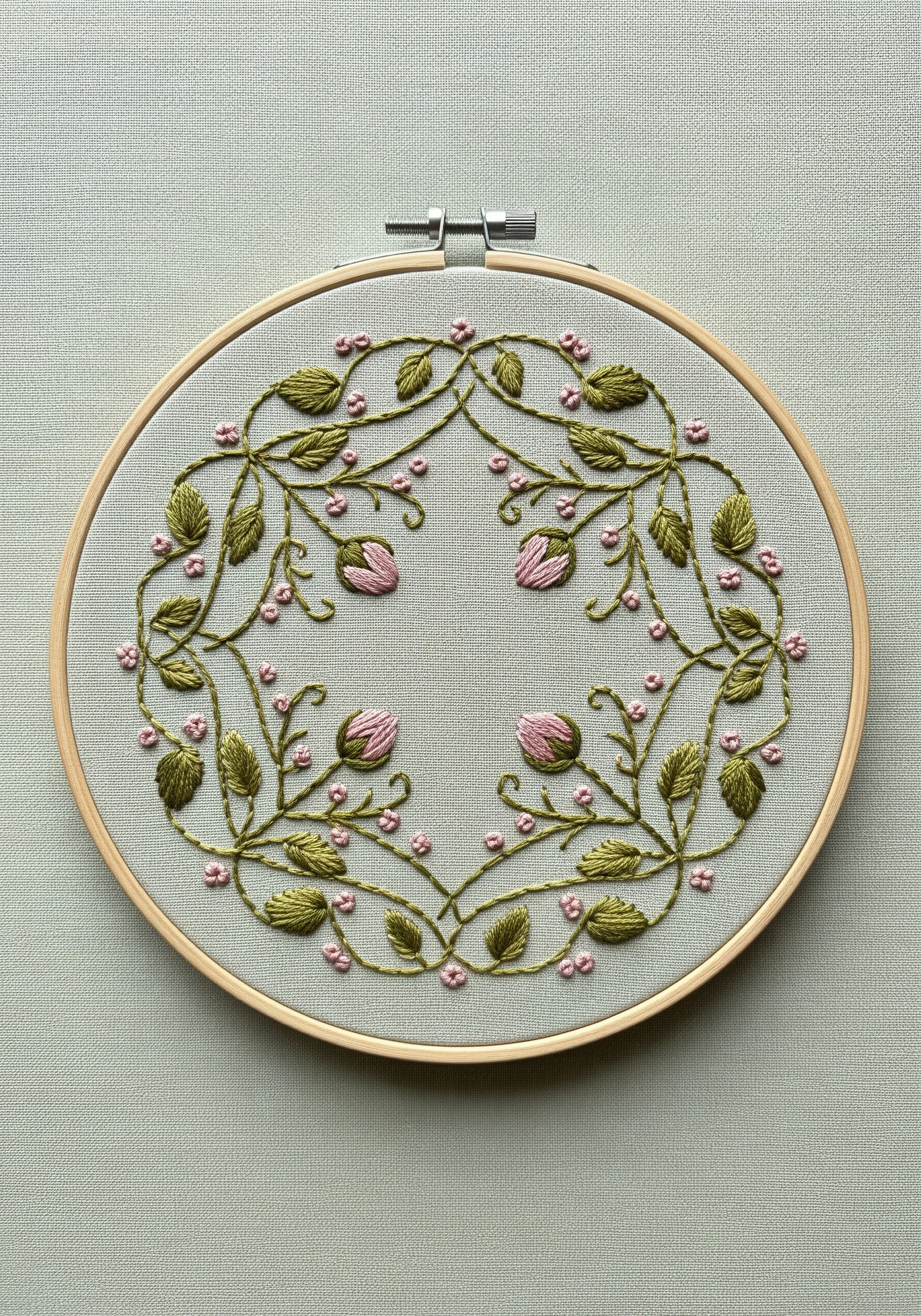 A symmetrical wreath of green vines and pink flower buds embroidered on a light green fabric.