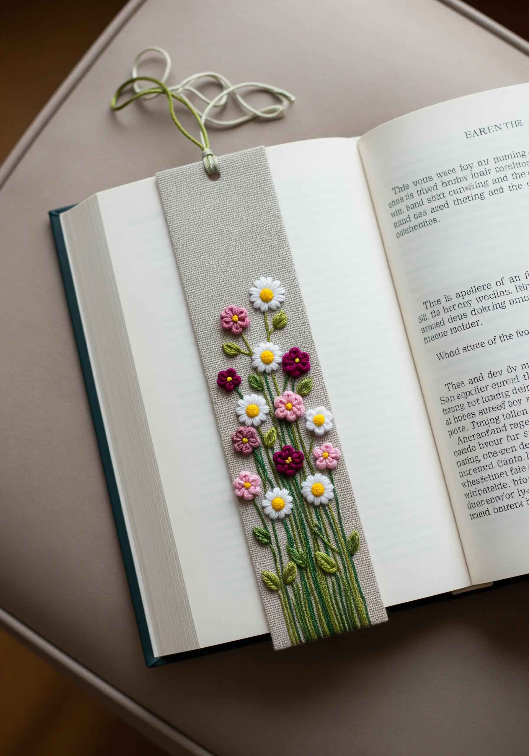 A linen bookmark adorned with 3D embroidered daisies and wildflowers.