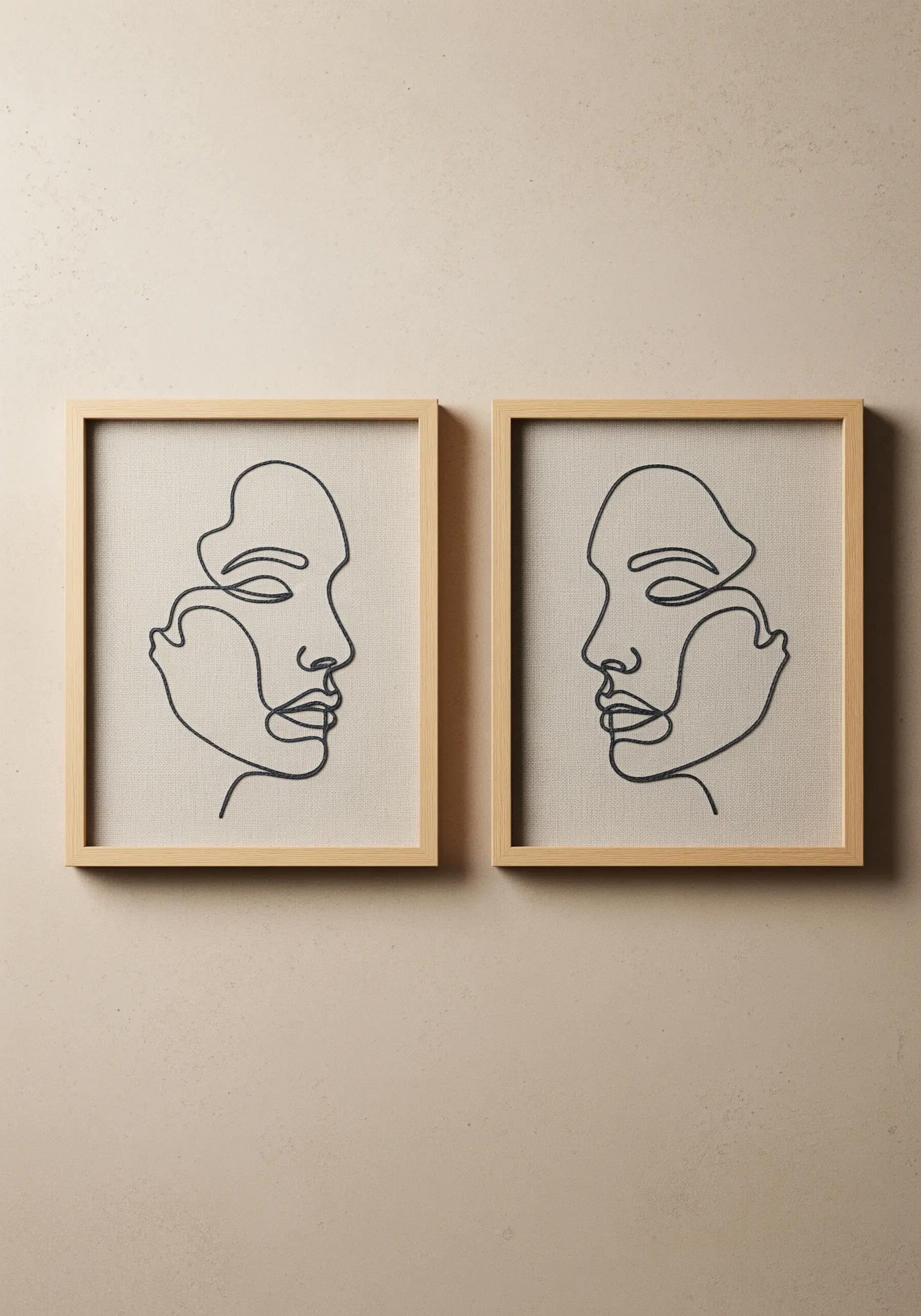 Two framed single-line face portraits in black thread, positioned to face each other.
