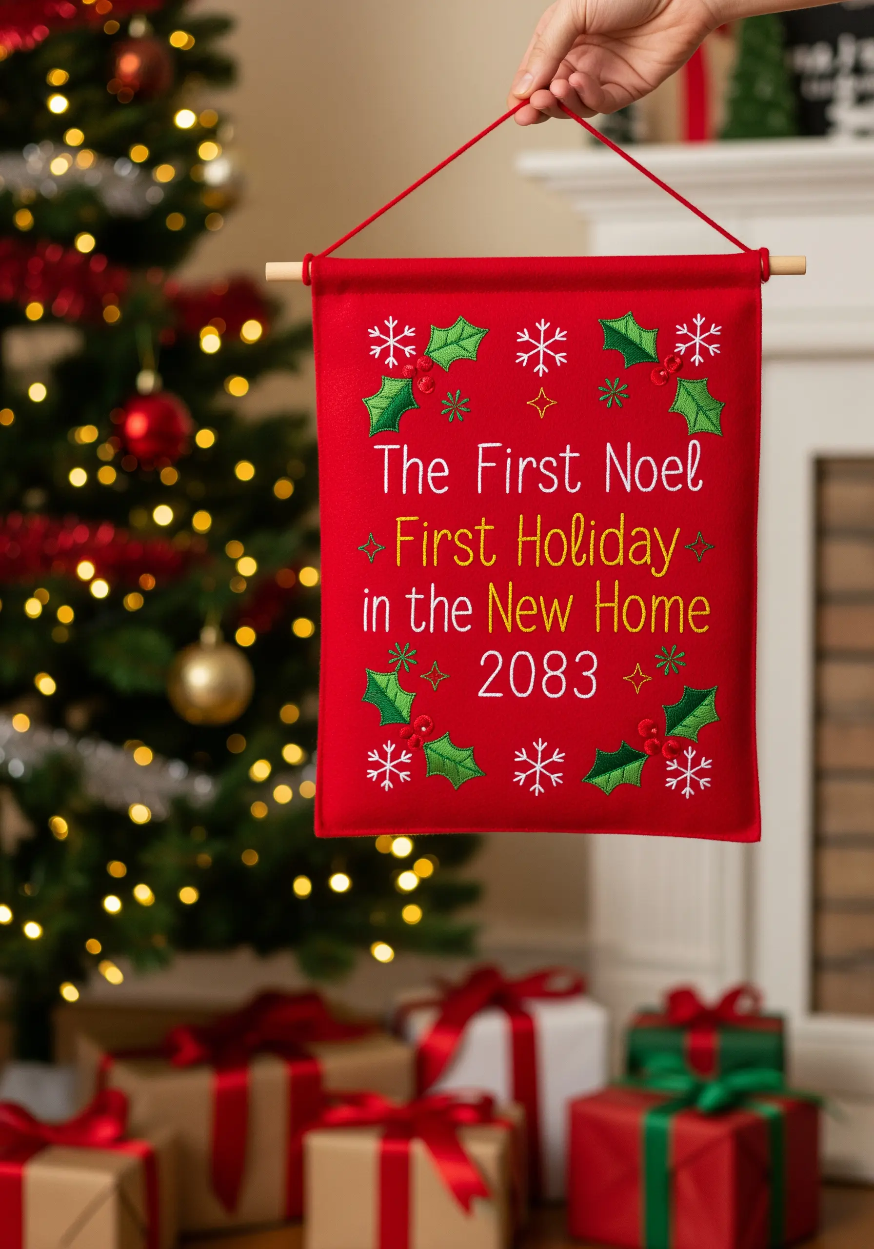 A red holiday banner with embroidered text and holly, celebrating a first Christmas in a new home.