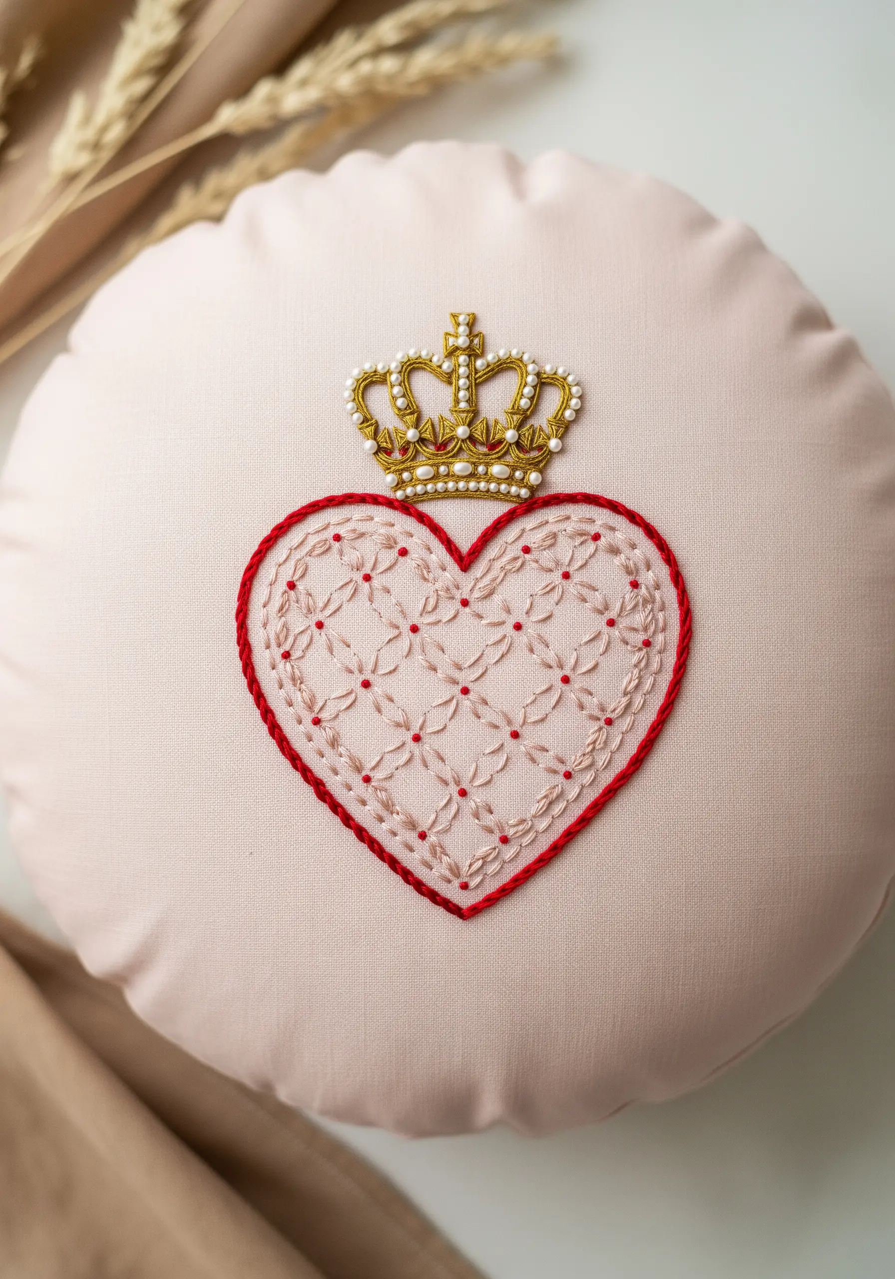 An embroidered heart with a delicate lattice-work fill and a 3D beaded crown.