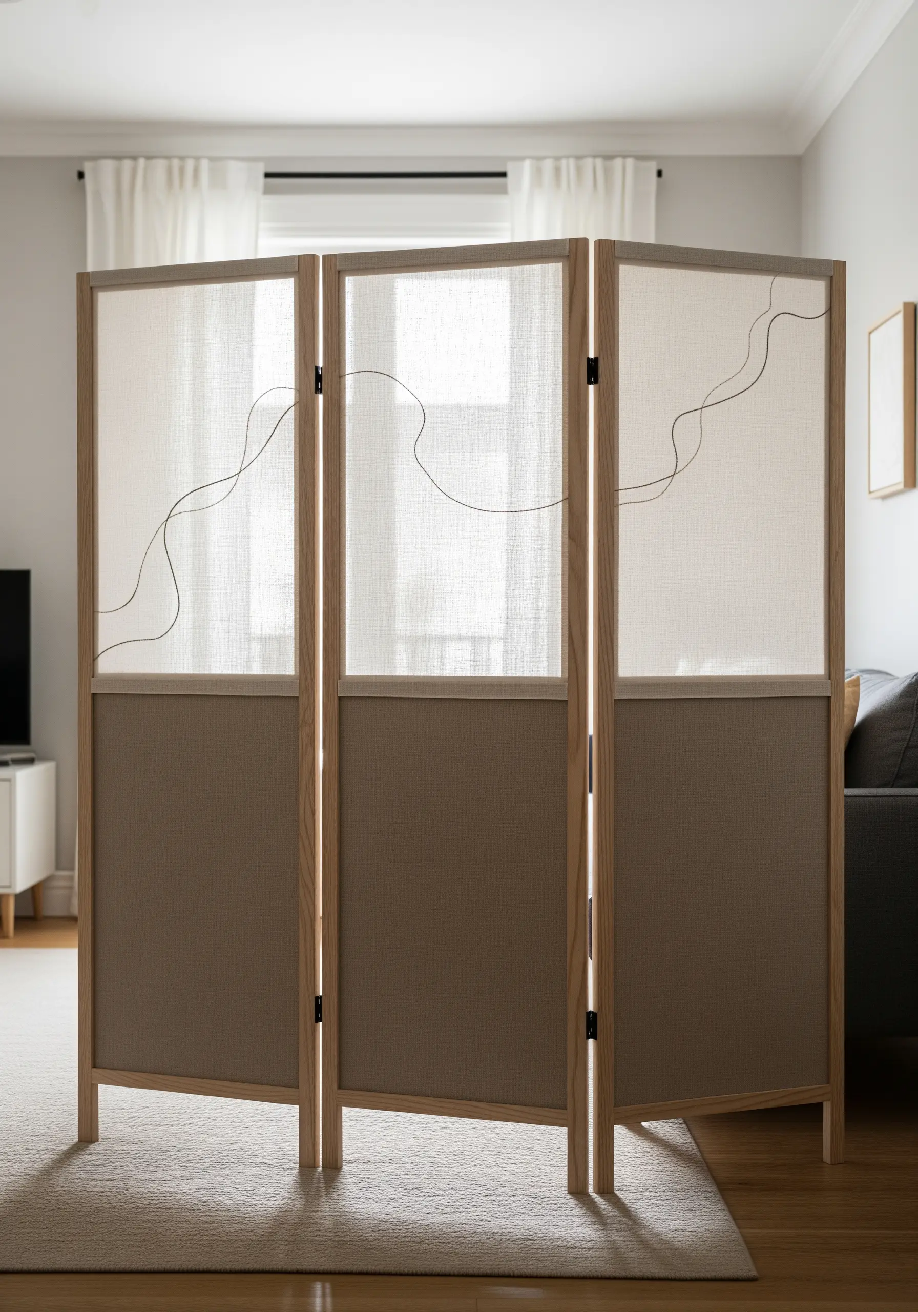 A three-panel room divider with a single, continuous black embroidered line flowing across it.