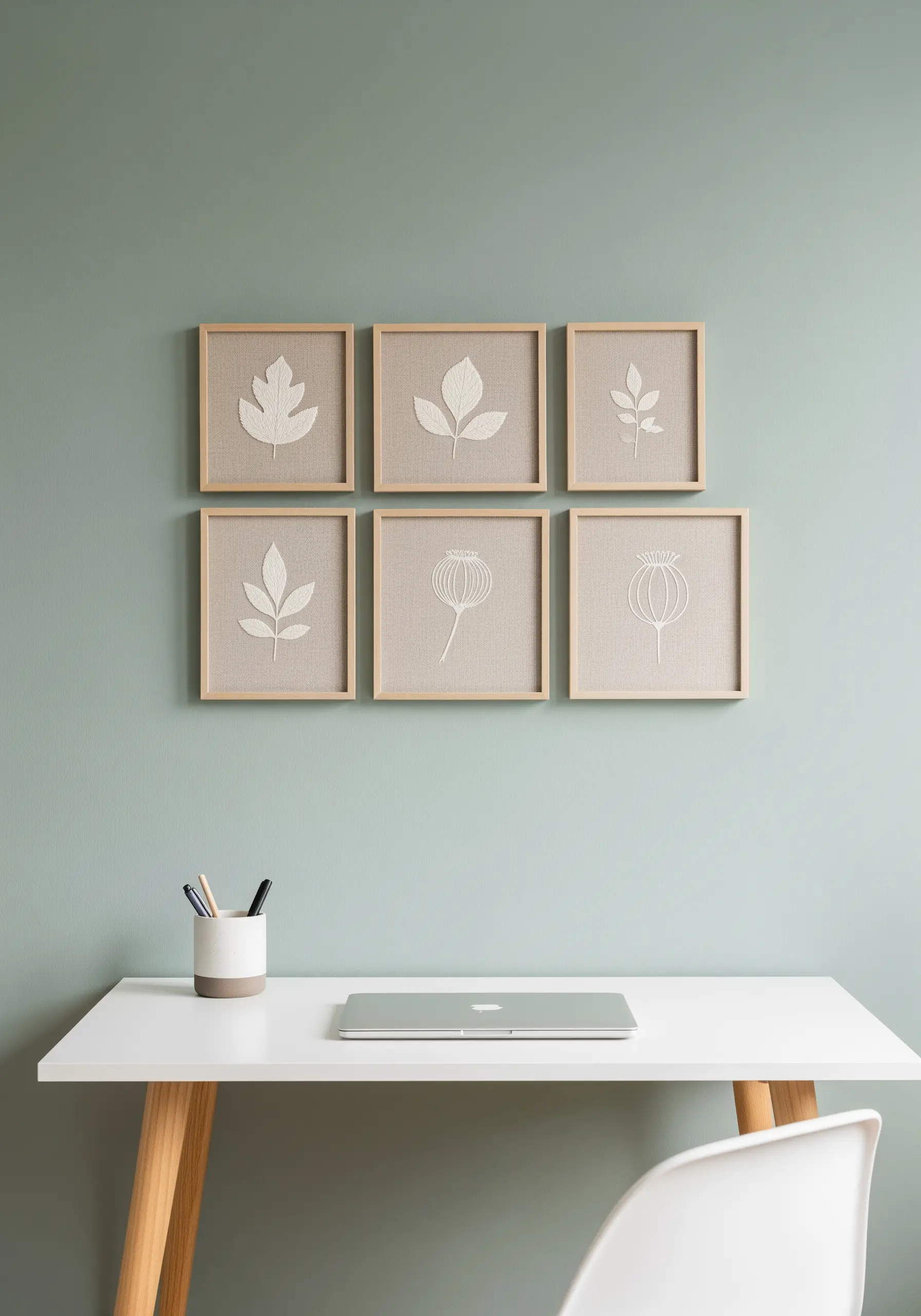 A gallery wall of six framed embroideries, each showing a single minimalist leaf in white thread.