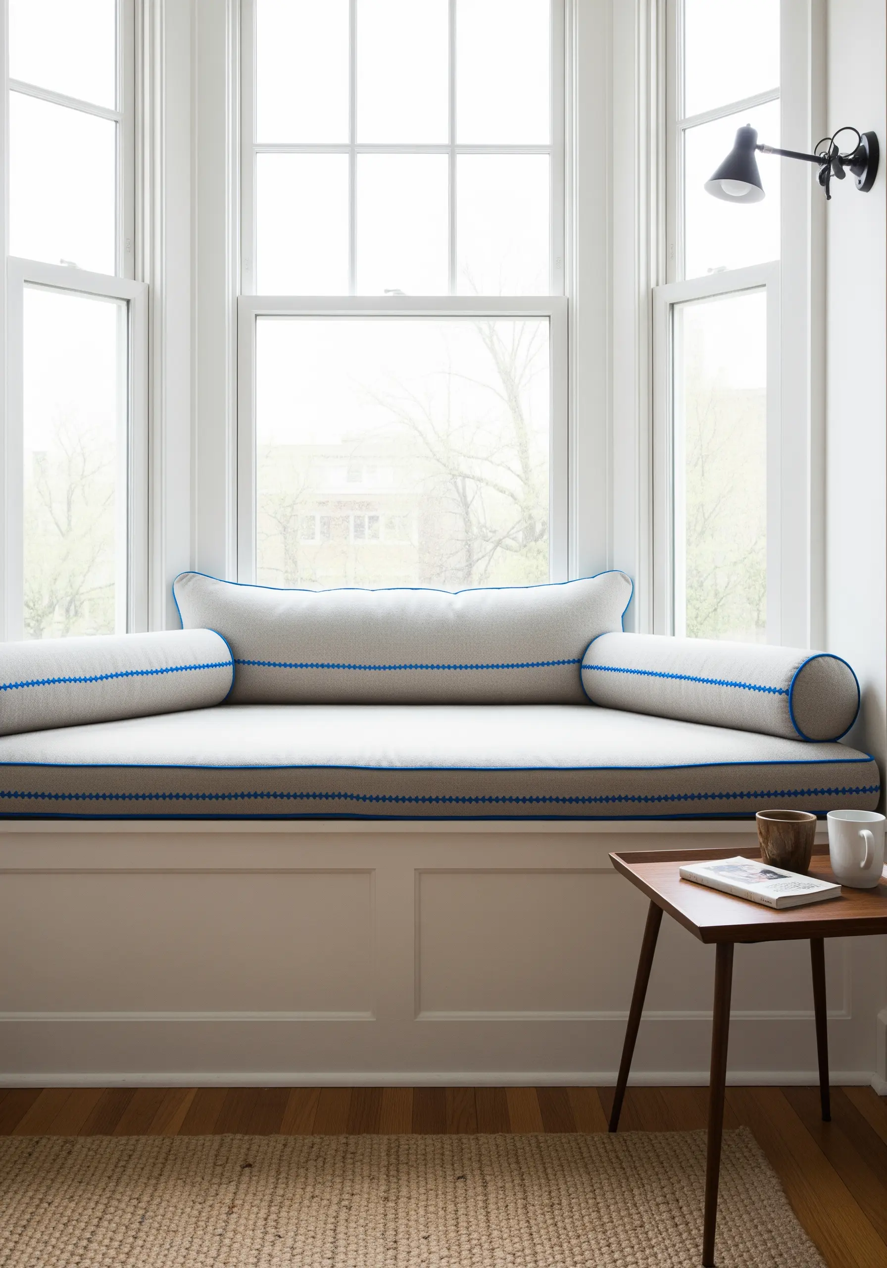 A window seat cushion with a bright blue geometric embroidered border.