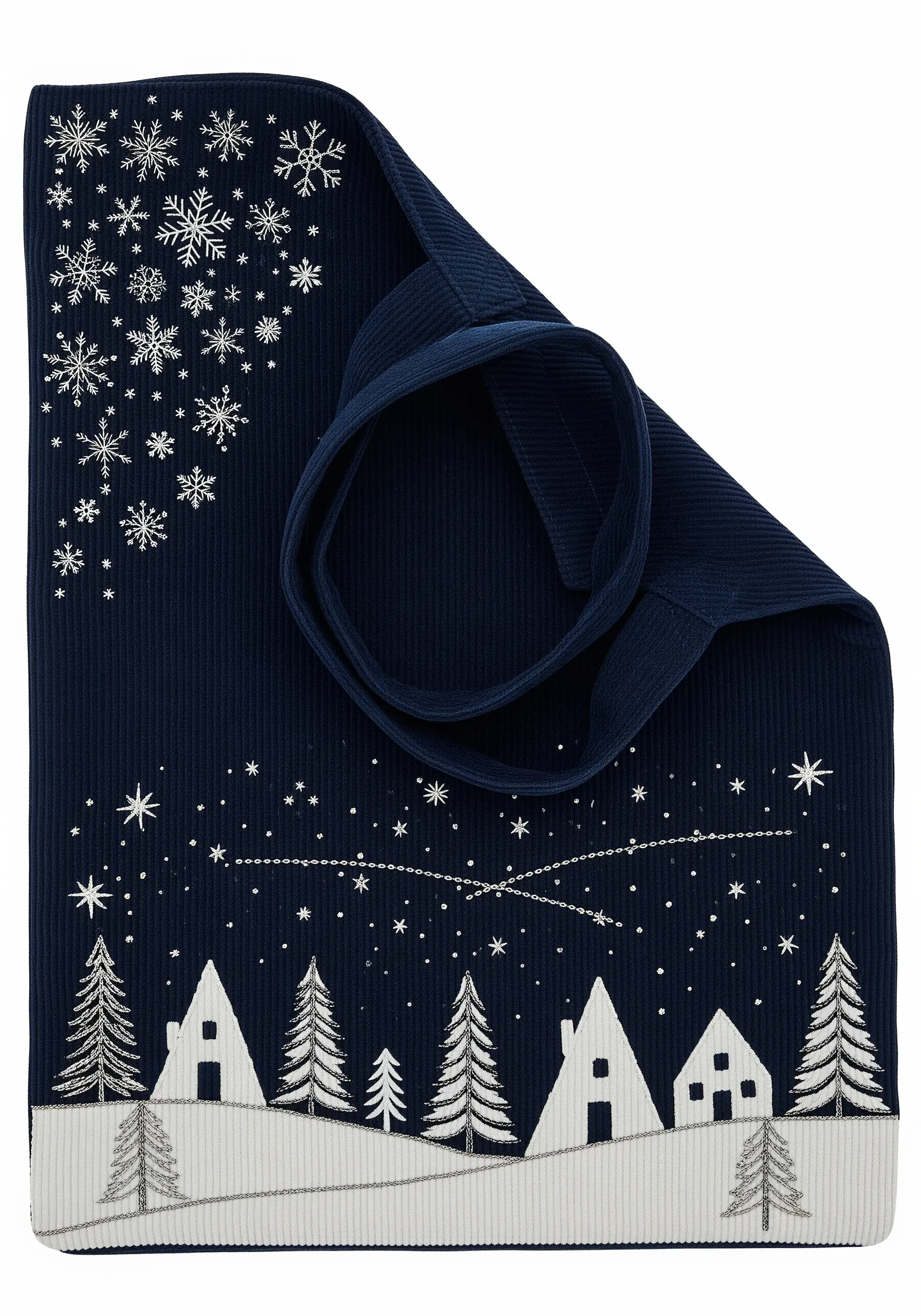 Embroidered winter village scene with silver thread on a dark blue ribbed tote bag.