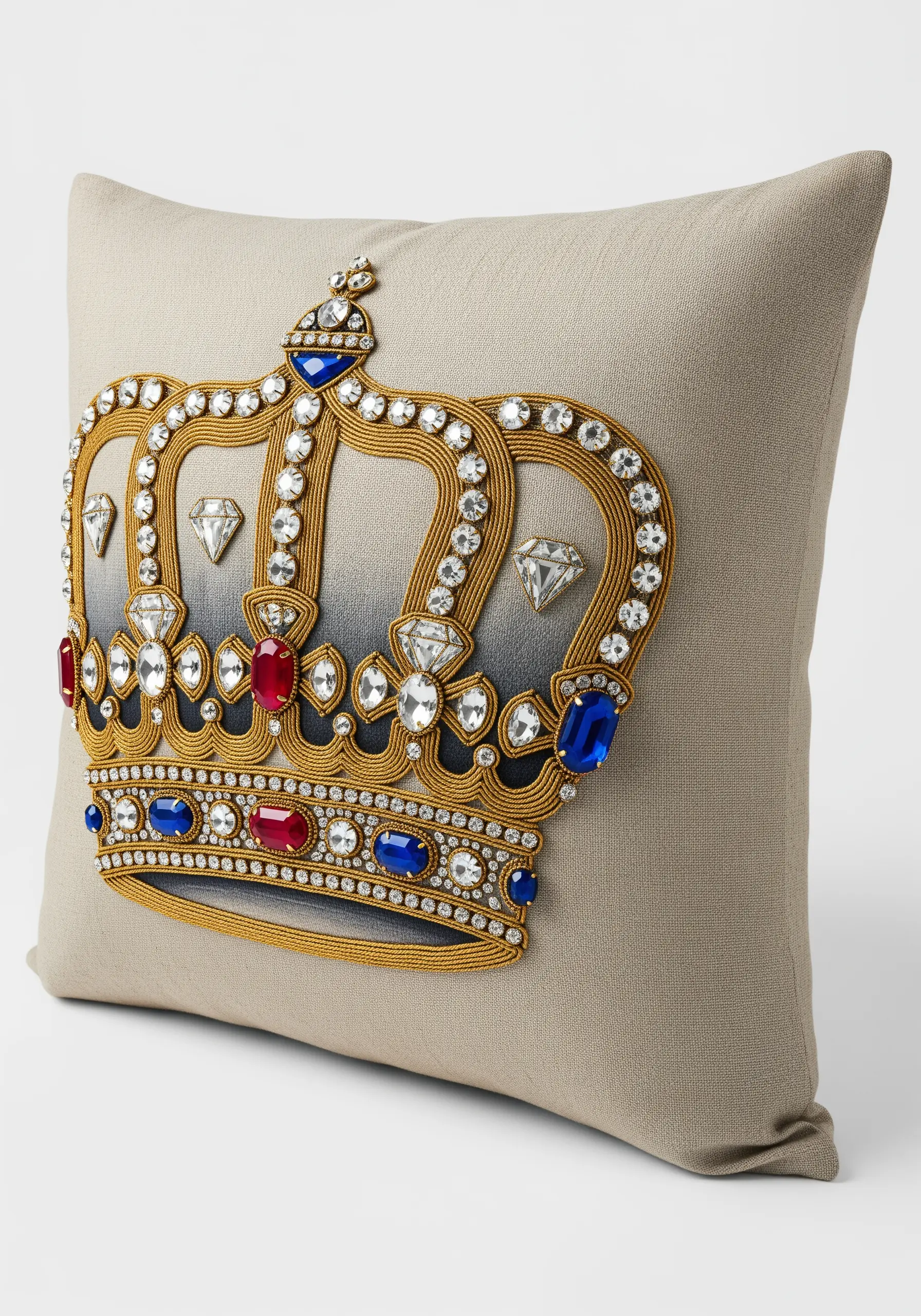 An embroidered and bejeweled royal crown on a neutral linen cushion.