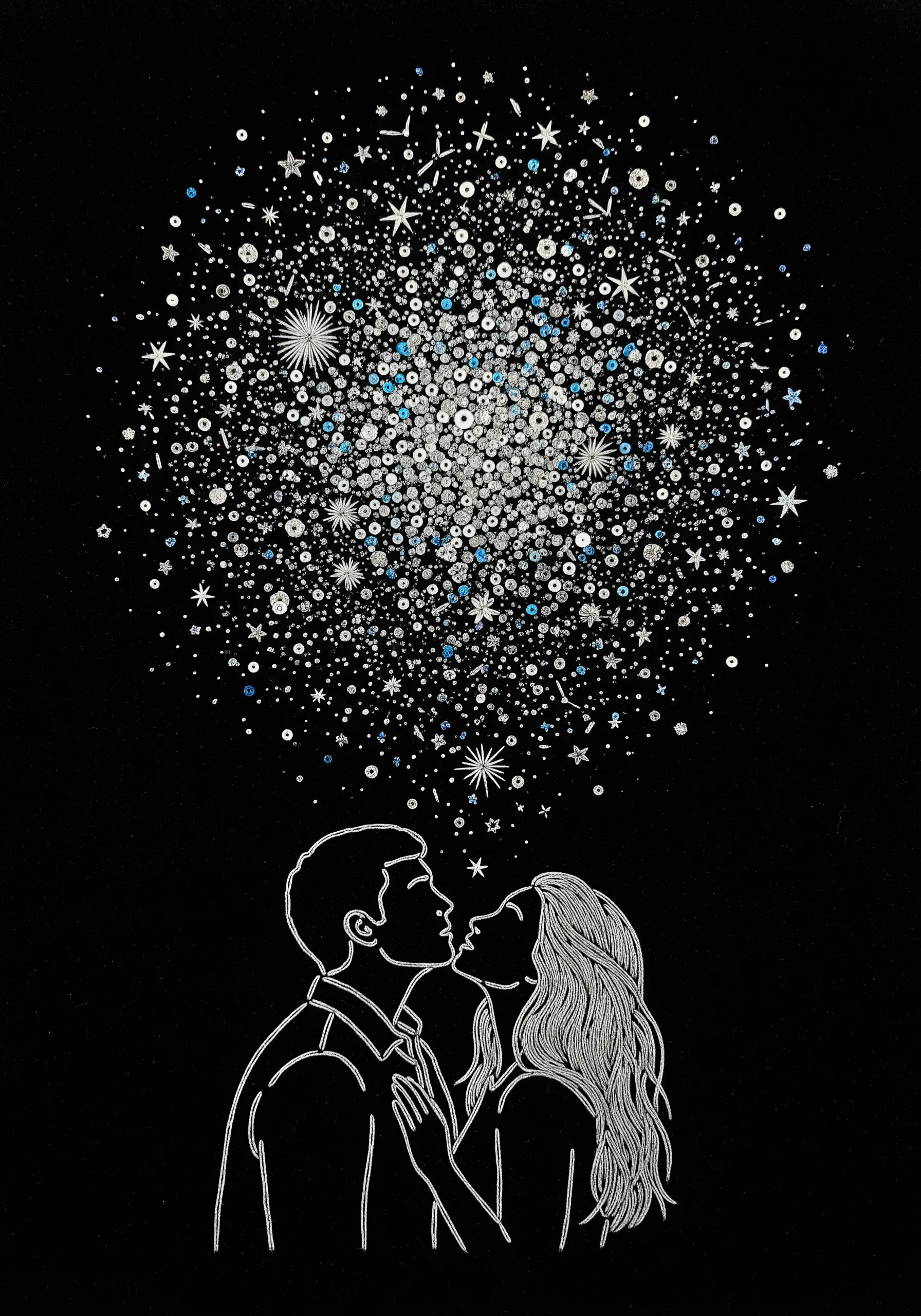 Line art of a couple looking up at a dense, sparkling explosion of embroidered and beaded stars.