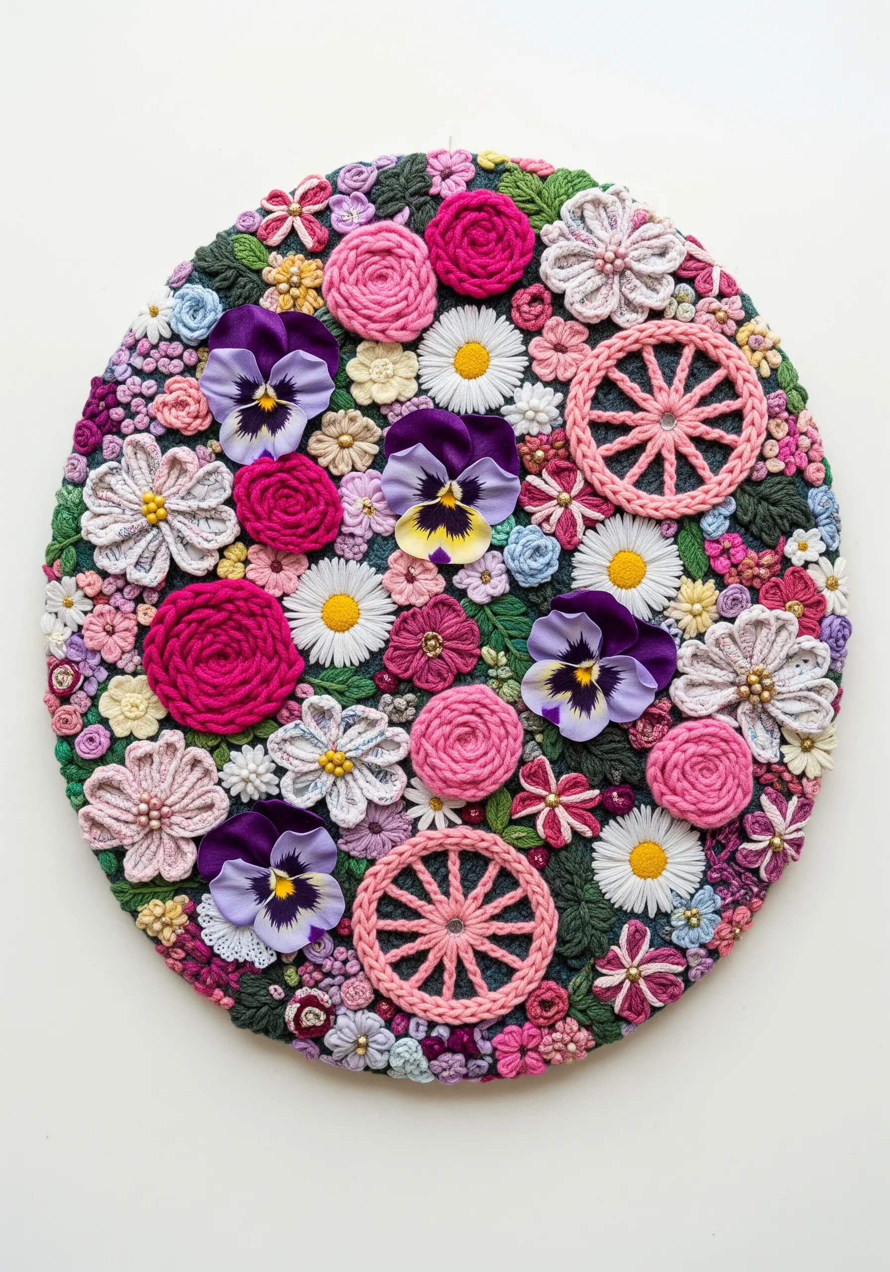 A dense, circular floral embroidery featuring fabric appliqué, ribbon work, and various stitches.