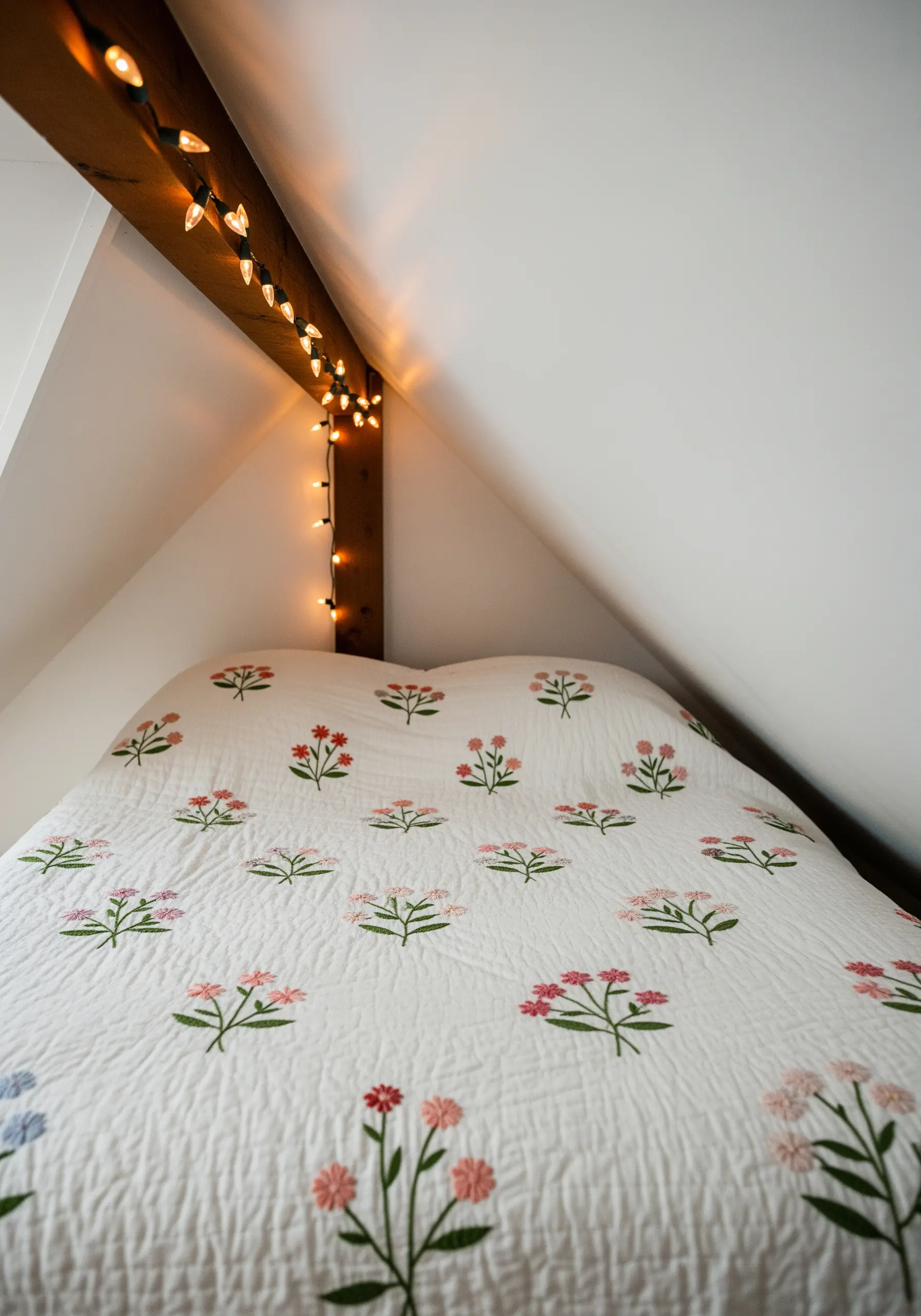 A white quilt with a scattered pattern of small, simple embroidered flowers in pink, red, and blue.