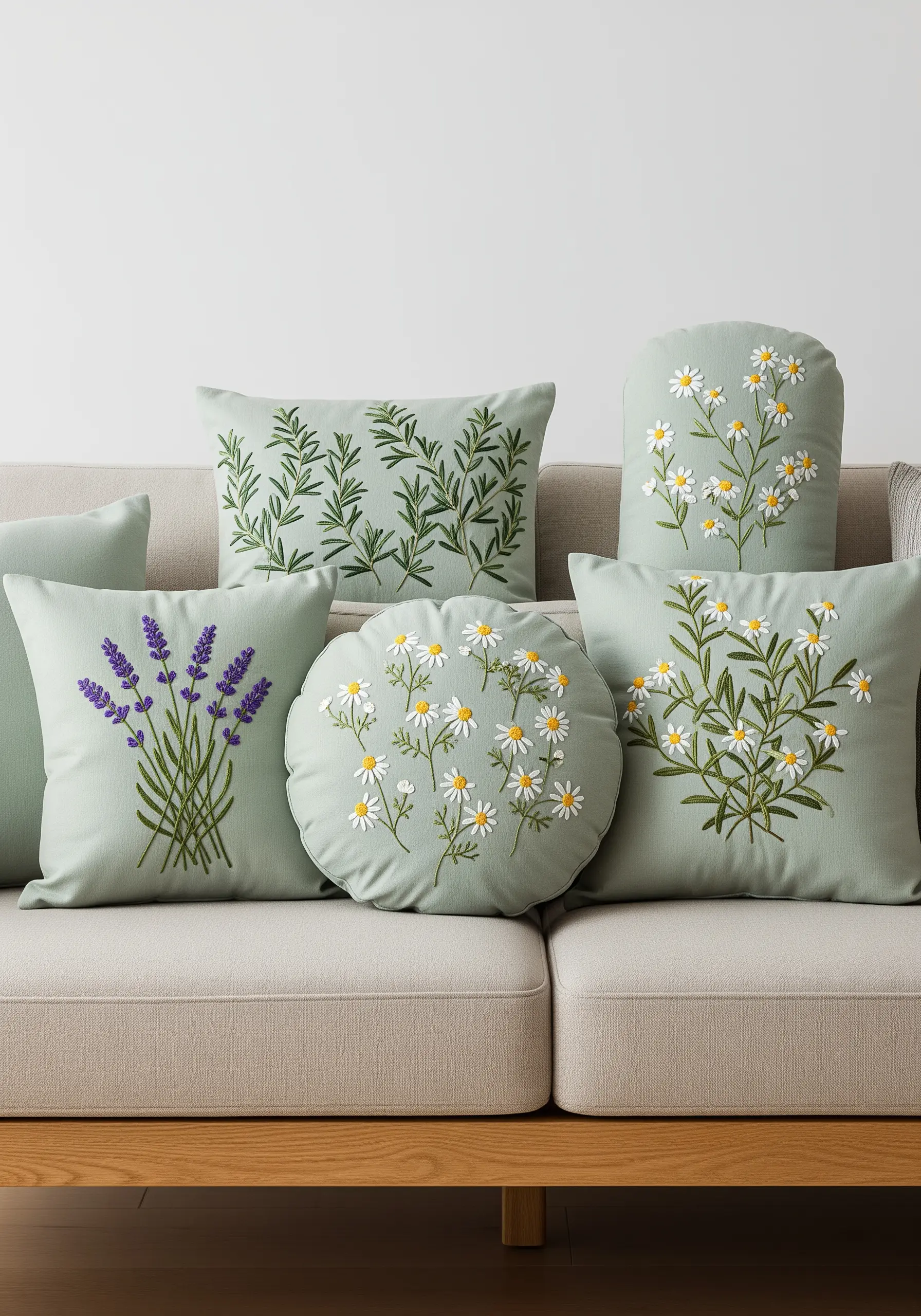 Embroidered lavender, daisies, and foliage on sage green pillows.