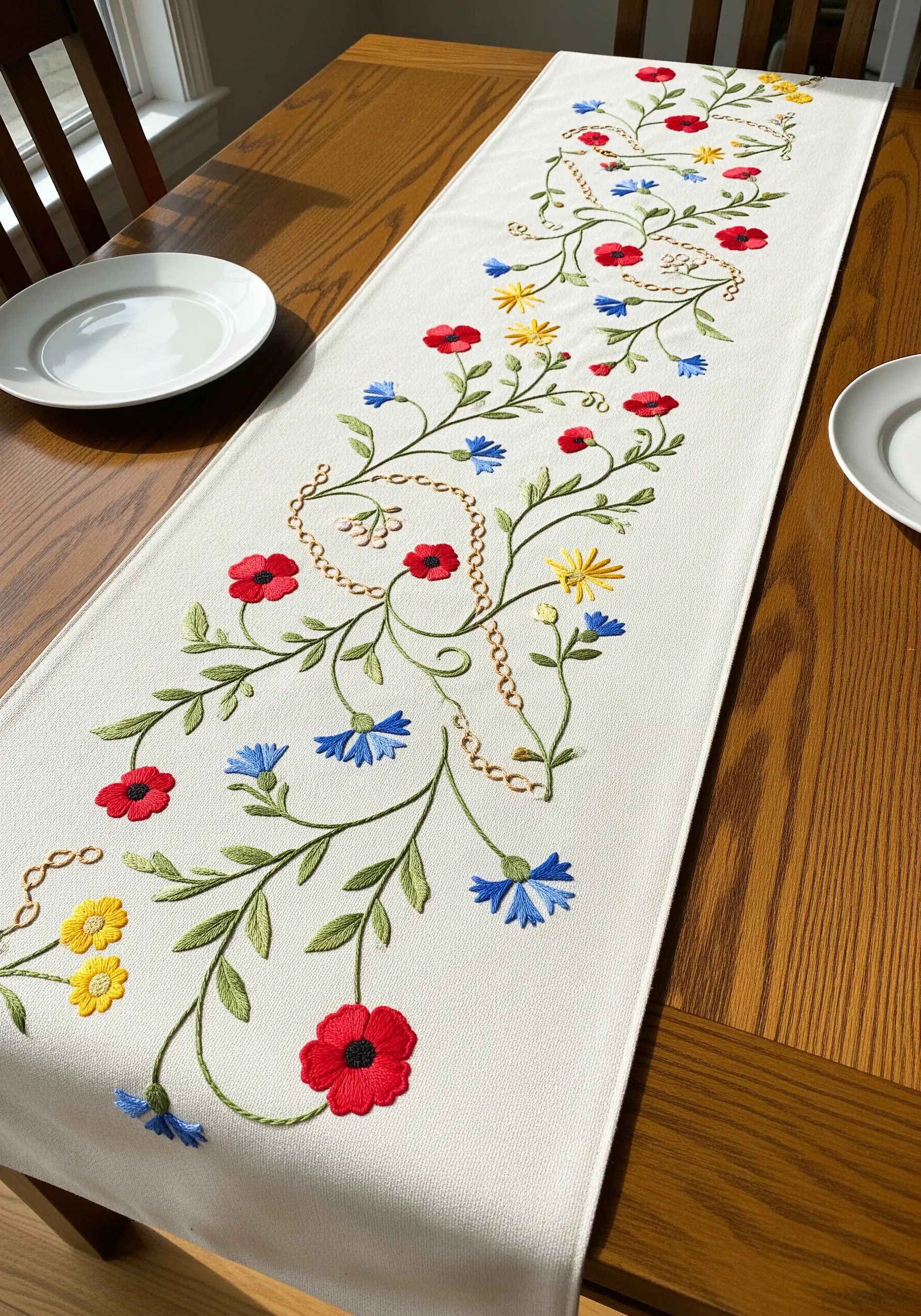 A long white table runner with an embroidered floral vine of red, blue, and yellow flowers.