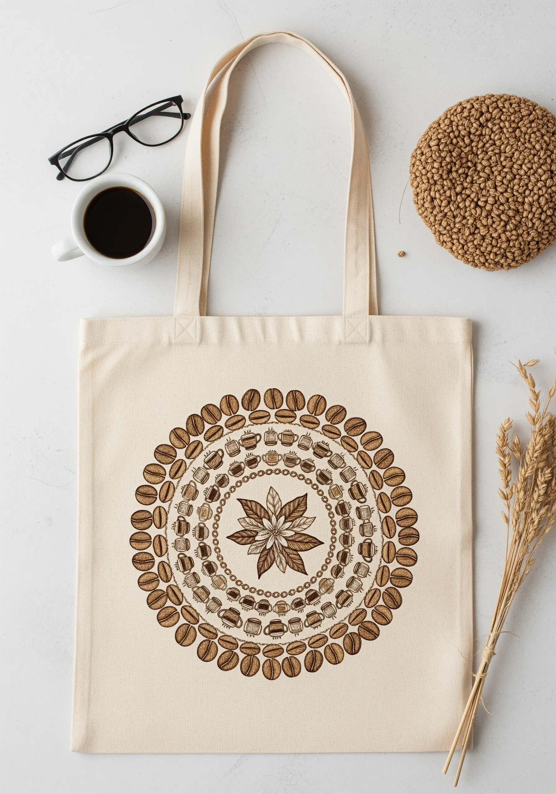 An intricate circular mandala pattern made of embroidered coffee beans, cups, and leaves.
