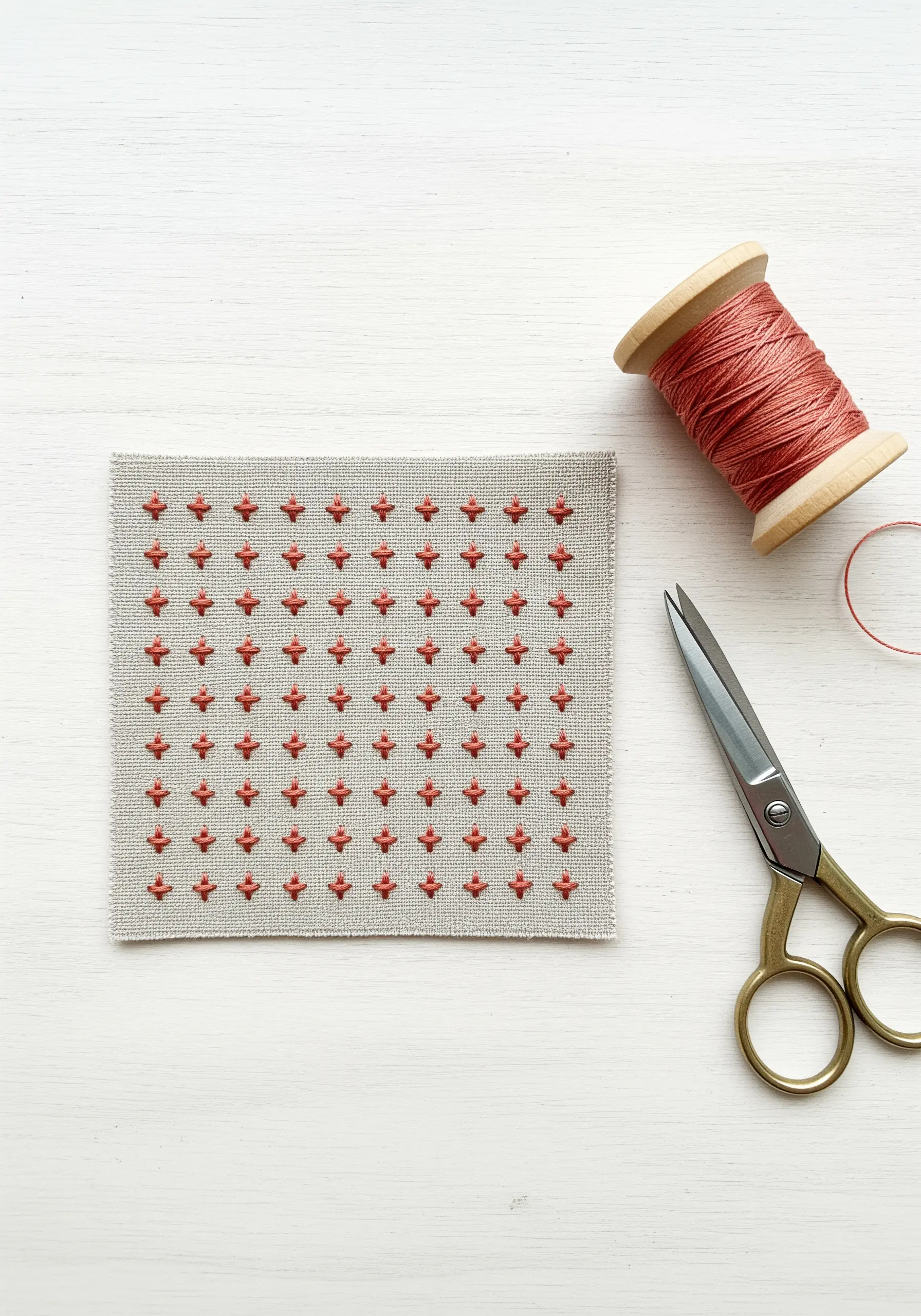 A grid of small, textured star stitches in reddish-pink thread on linen.