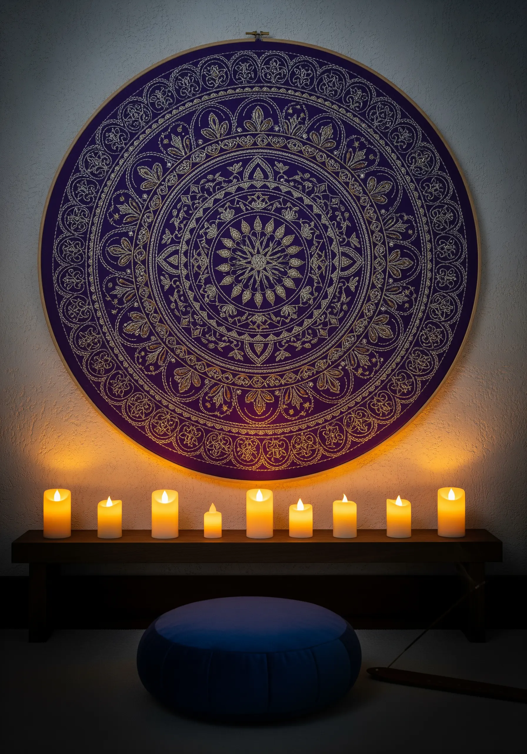 A large, intricate mandala embroidered in gold thread on purple fabric, lit by candles.