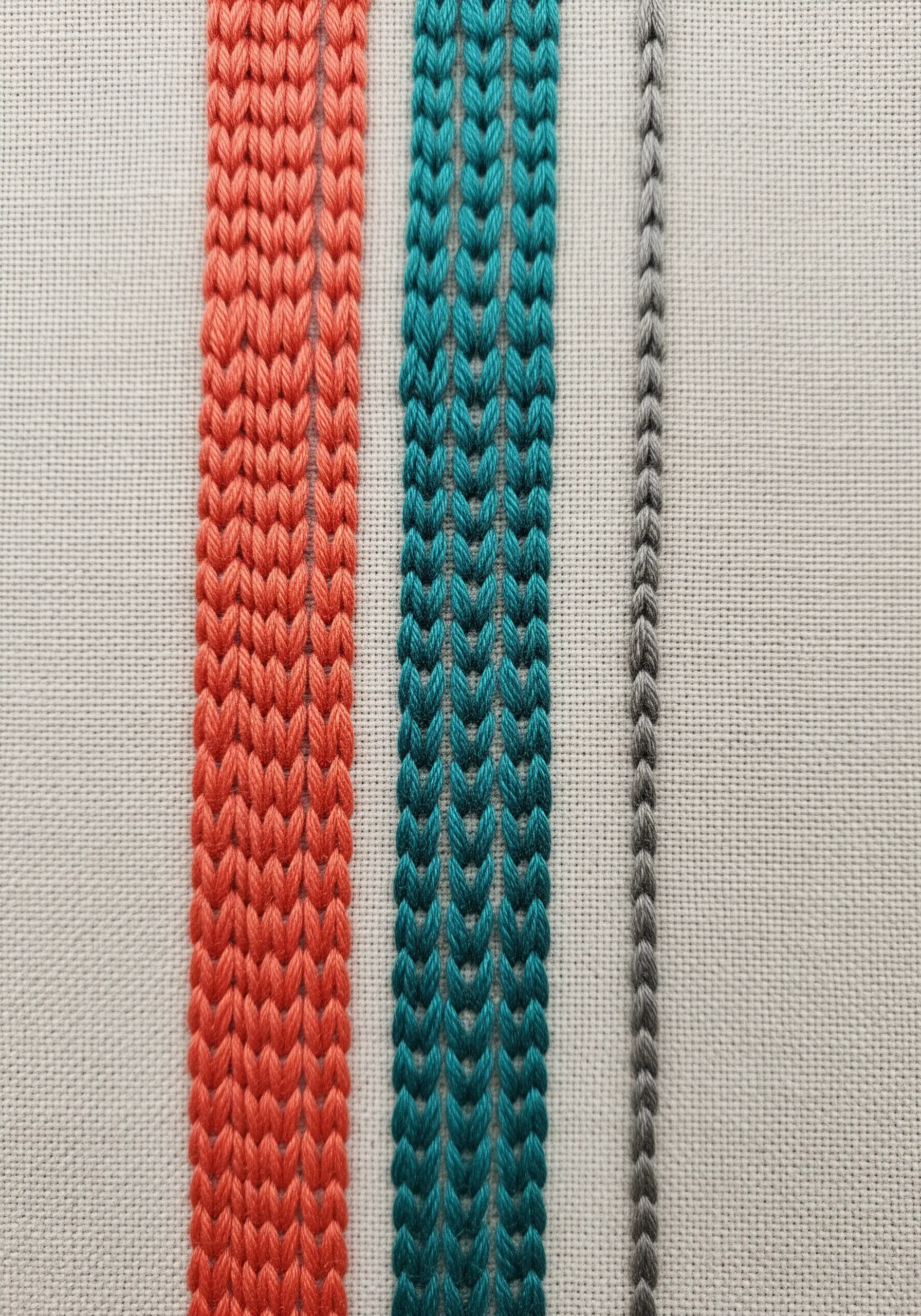 Vertical lines of different decorative embroidery stitches in coral, teal, and grey.