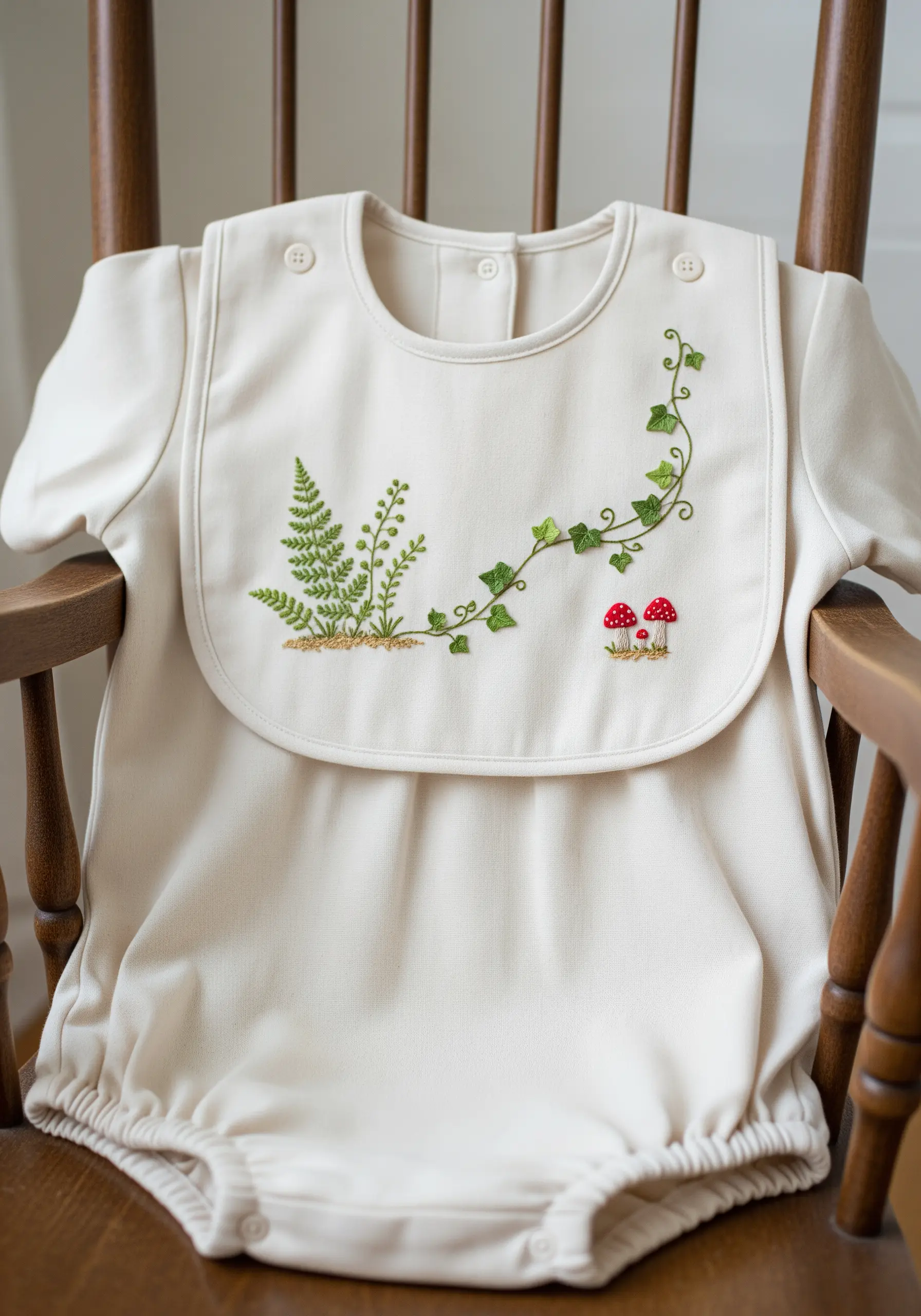 A baby bib embroidered with a delicate scene of ferns, ivy, and tiny red mushrooms.