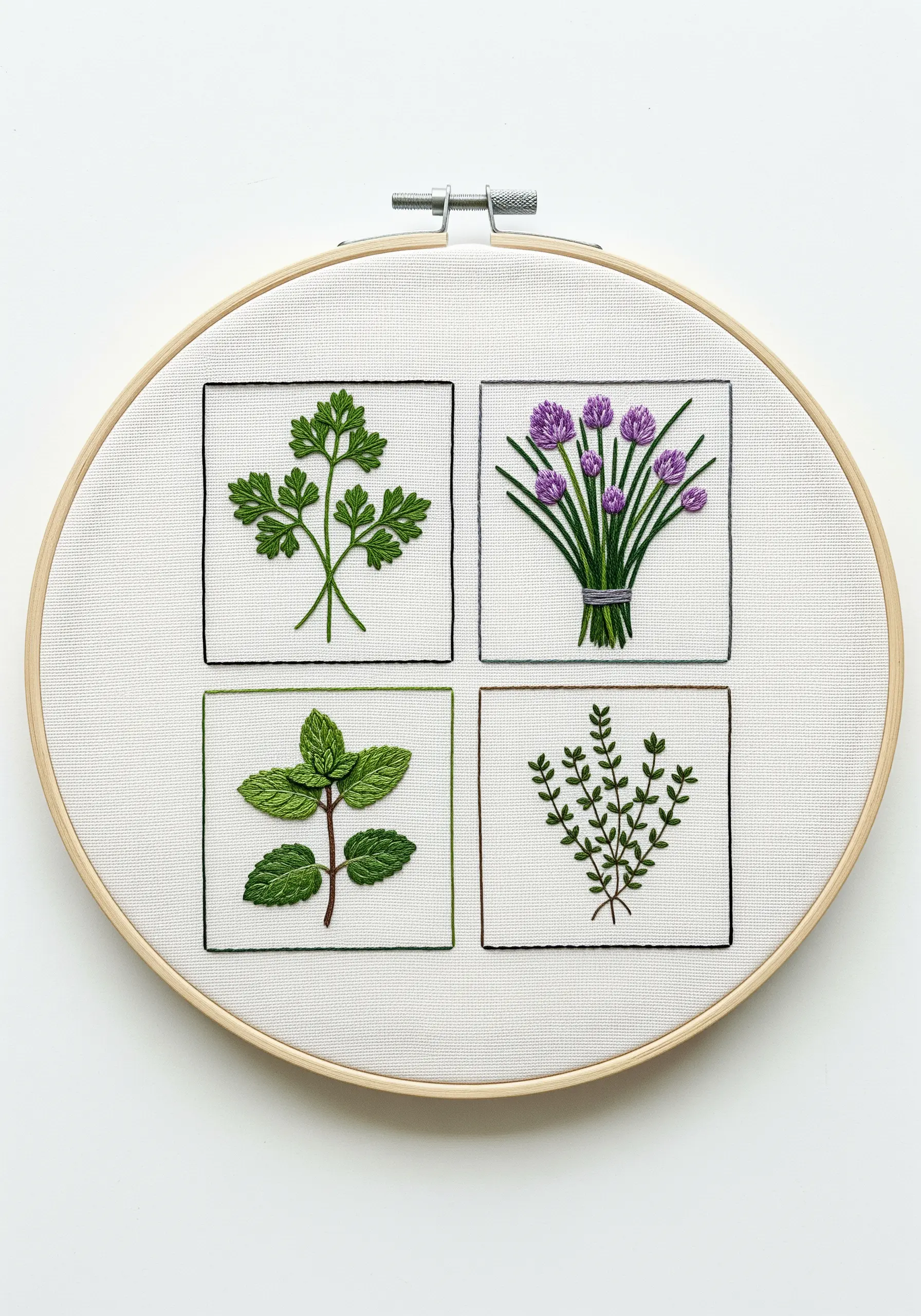 A four-panel sampler of embroidered herbs: parsley, chives, mint, and thyme.