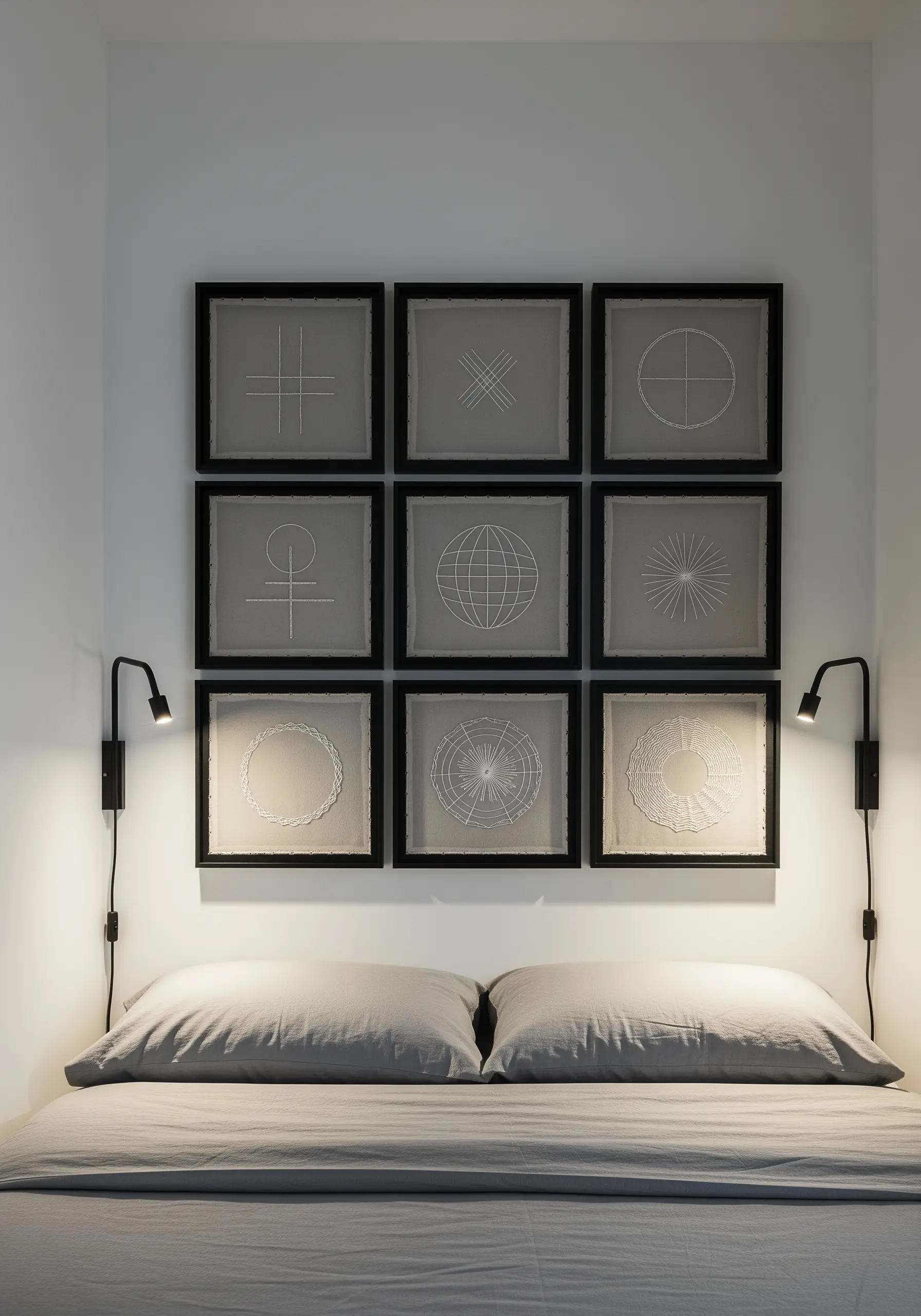 A grid of nine framed embroidery pieces with white geometric symbols on grey fabric.