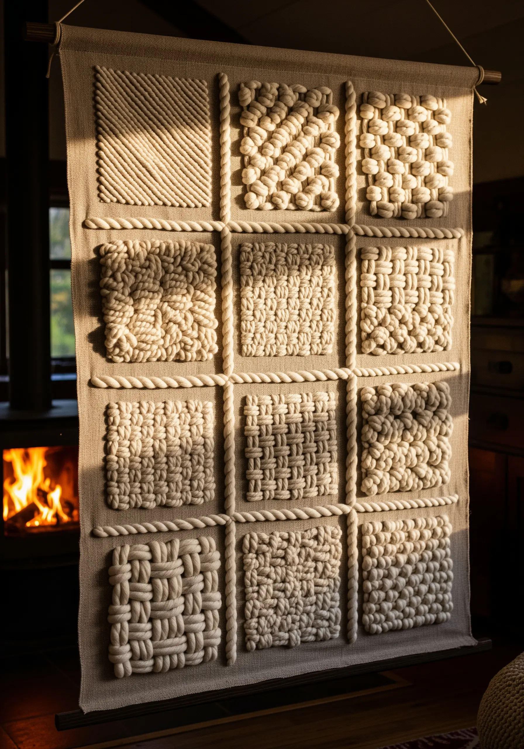 A sampler grid of nine squares, each filled with different woven and knotted rope textures.