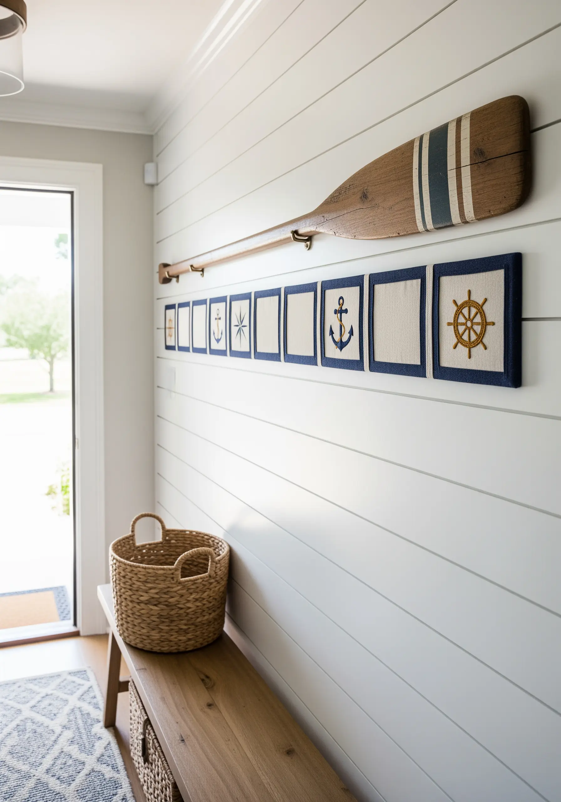 Embroidered nautical symbols like anchors and ship's wheels in a long row.