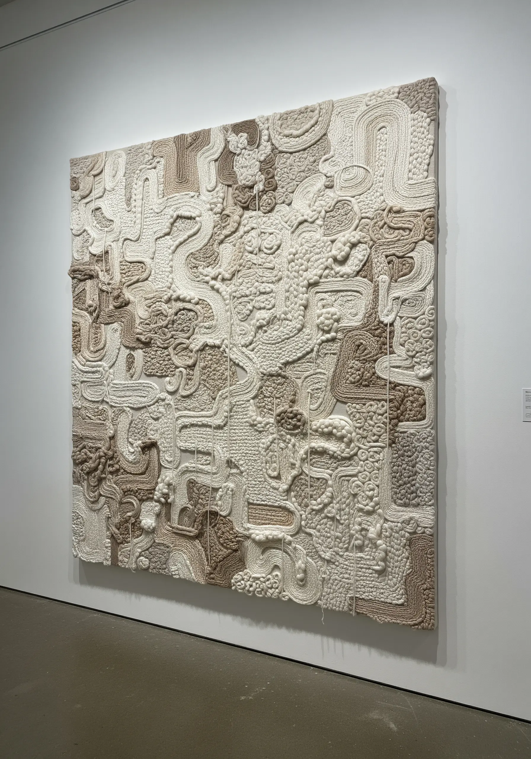 A large, abstract wall art piece with dense, swirling textures in neutral-colored yarns.