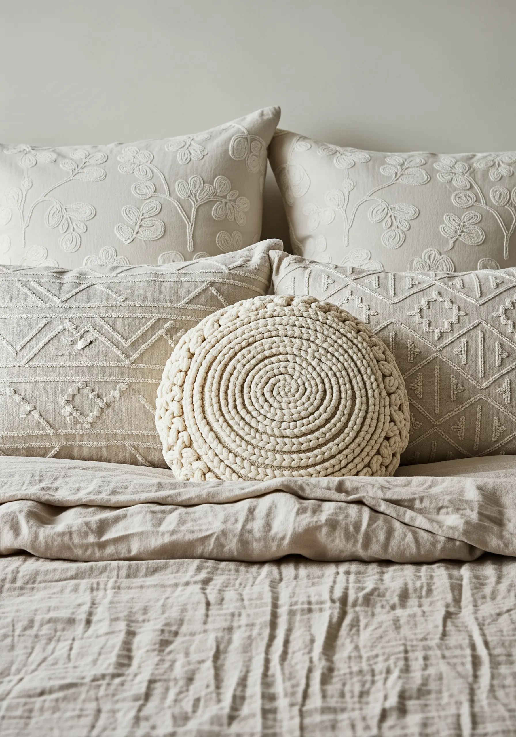 A collection of off-white pillows with varied textures: coiled, geometric, and floral.
