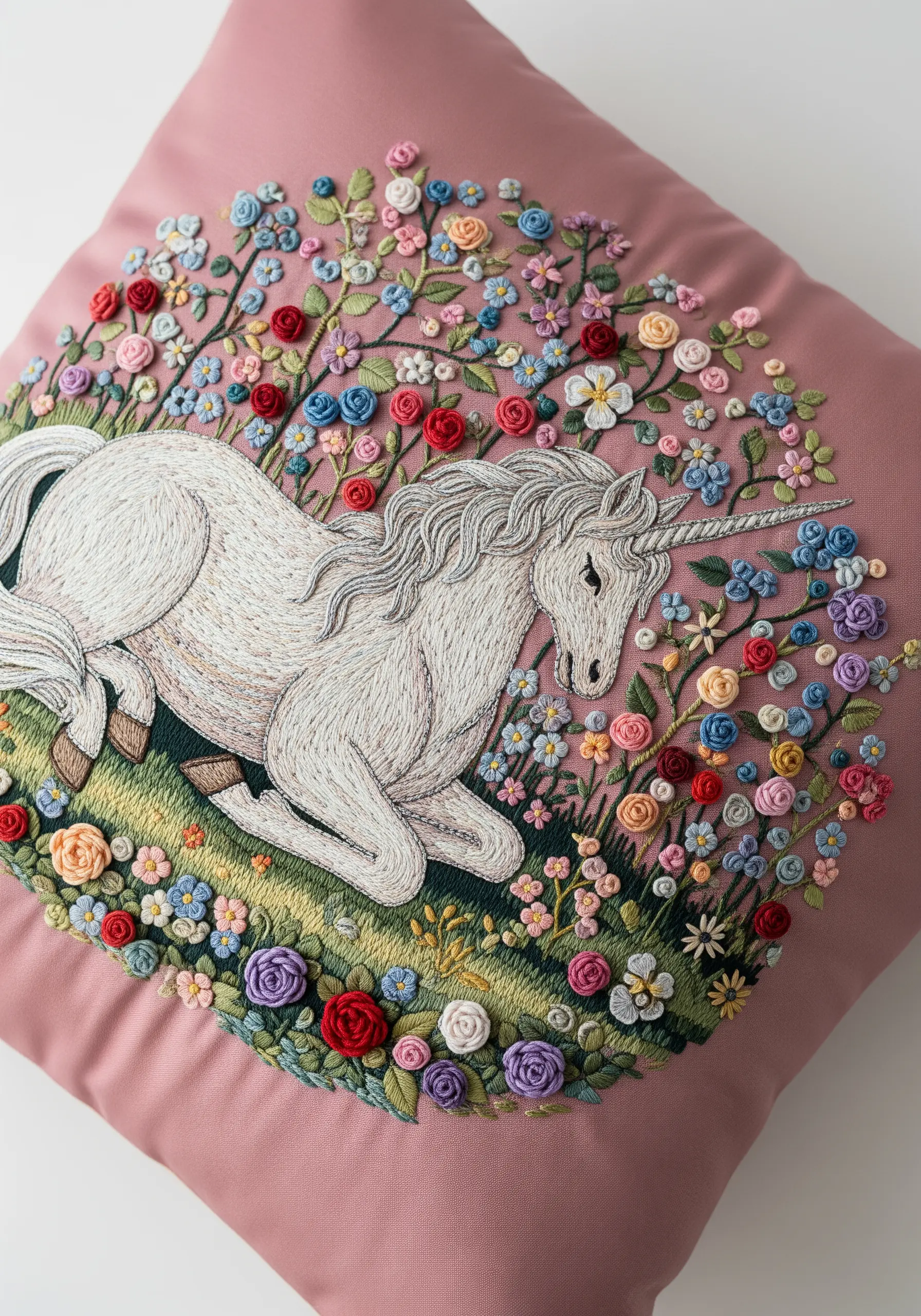 An embroidered unicorn surrounded by a dense field of 3D ribbon-work flowers.