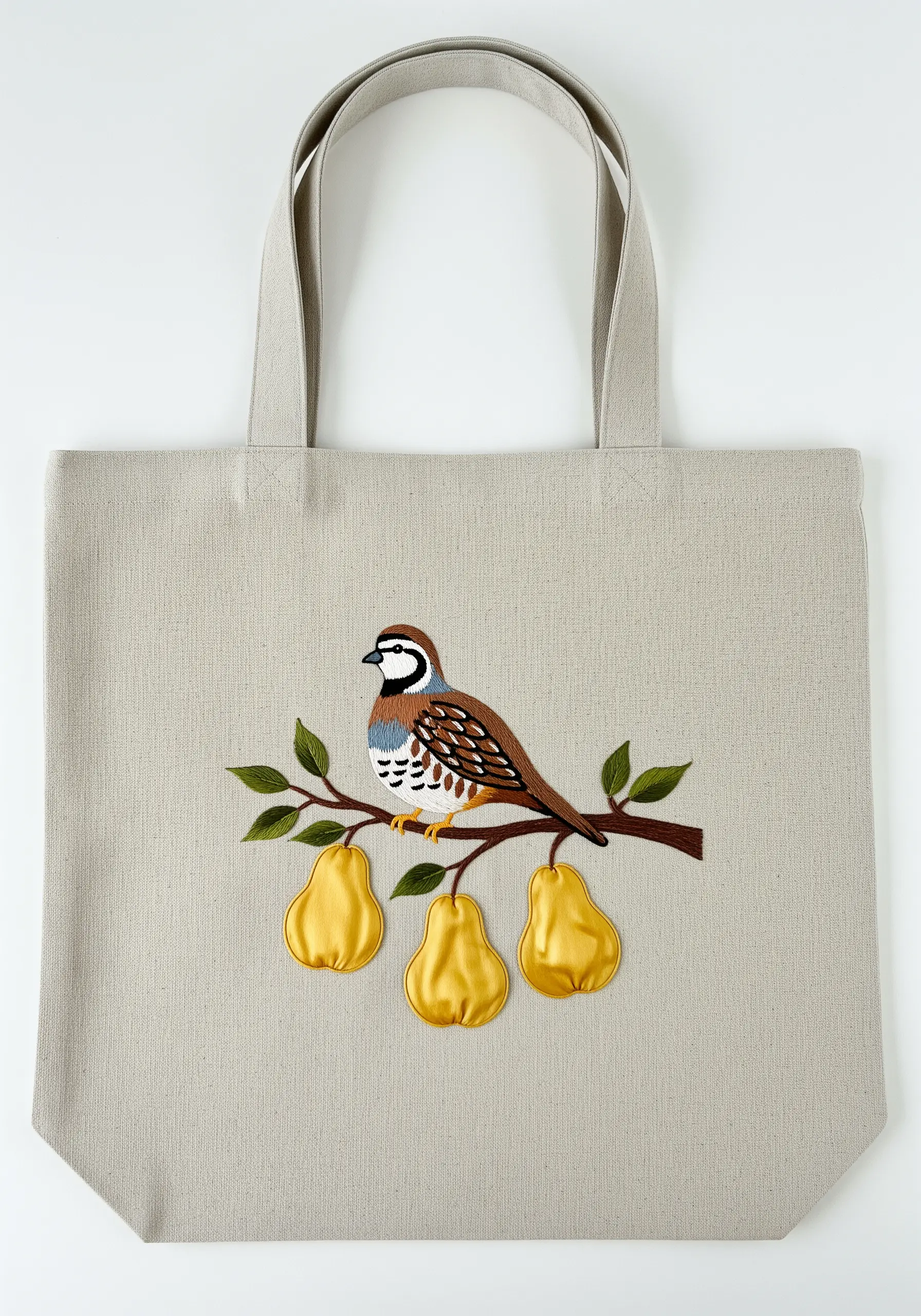 A partridge in a pear tree, with the bird thread-painted and the pears made from dimensional fabric.