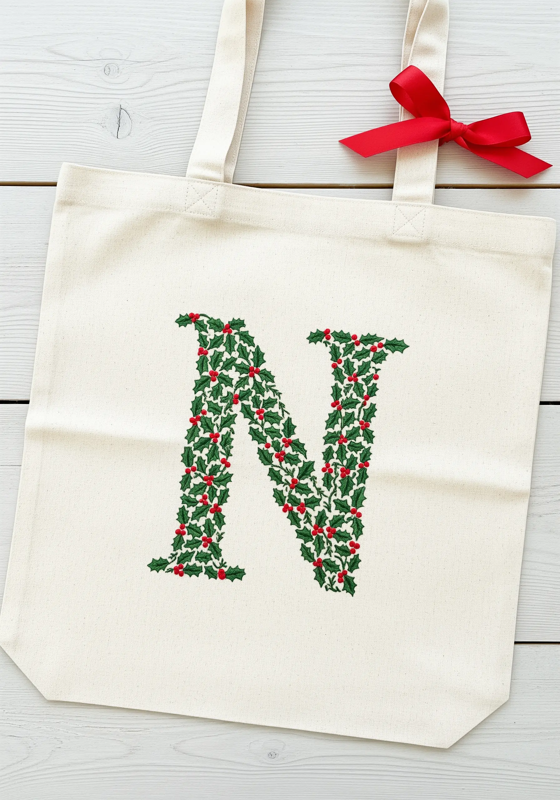 The letter N filled with a dense pattern of embroidered holly leaves and red berries.