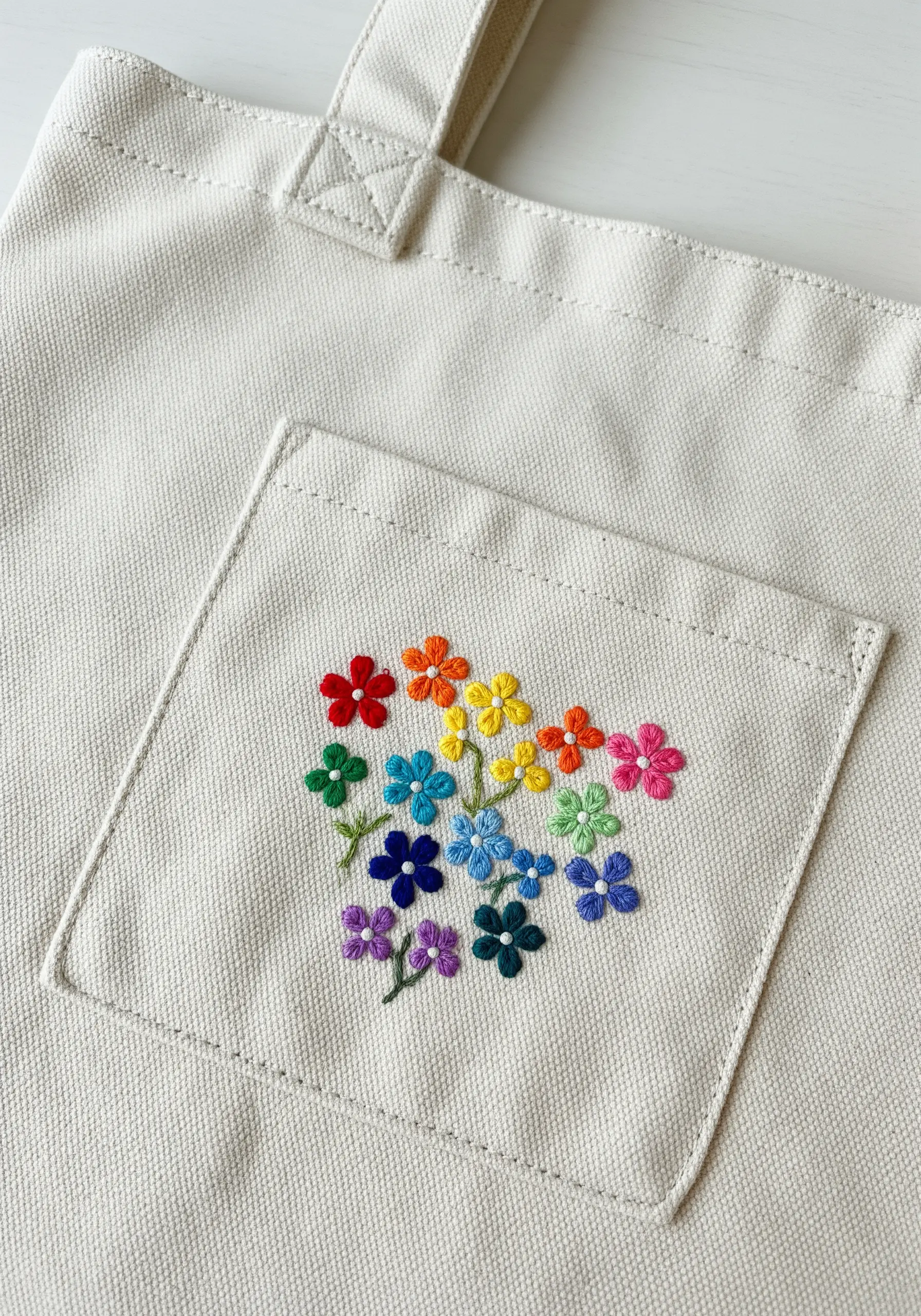 A rainbow gradient of small embroidered flowers on the pocket of a canvas tote bag.