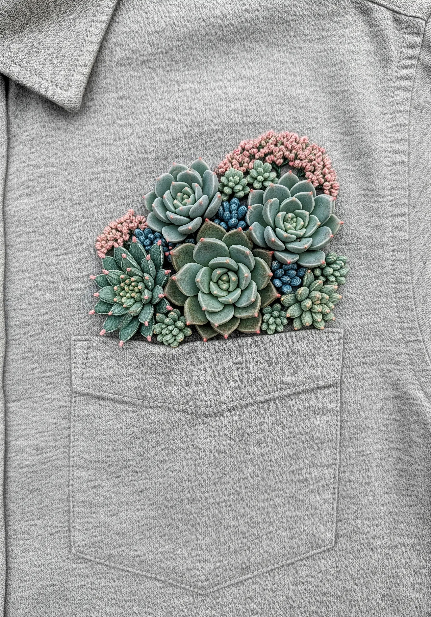 A highly textured, 3D embroidery of various succulents filling a shirt pocket.