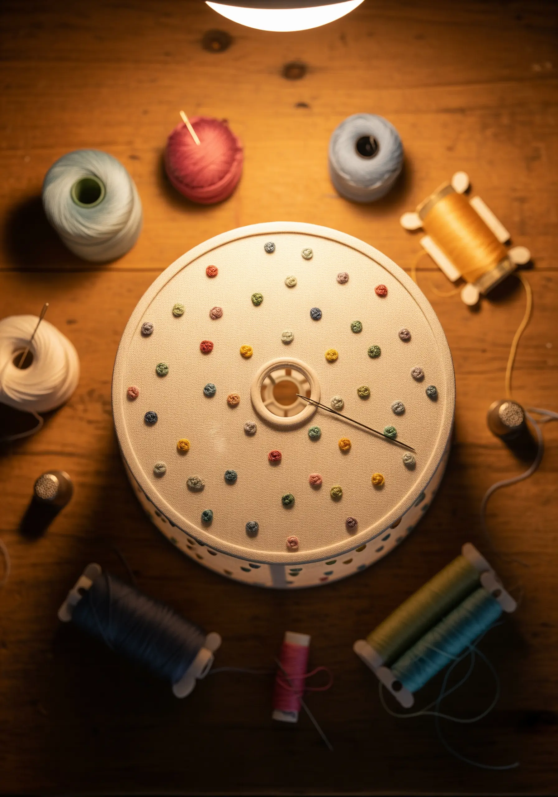 Colorful French knots scattered across the padded lid of a round sewing box.