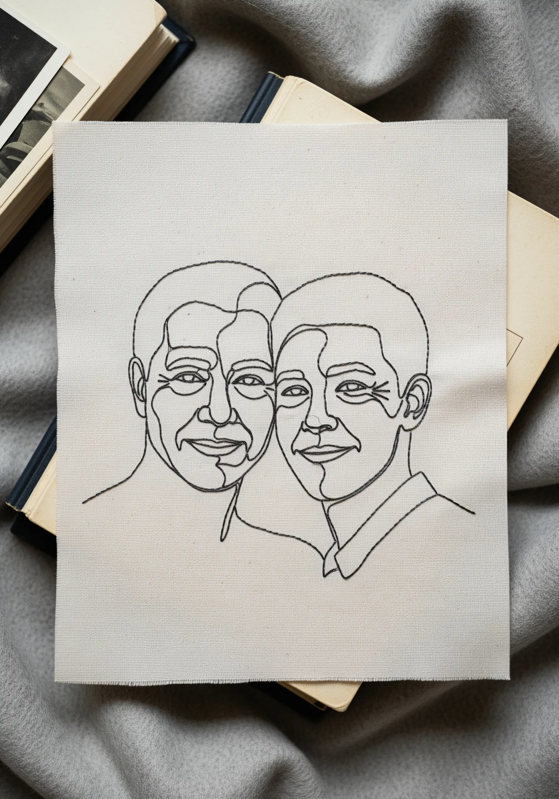 Two intertwined portraits drawn with a single continuous black thread on linen fabric.