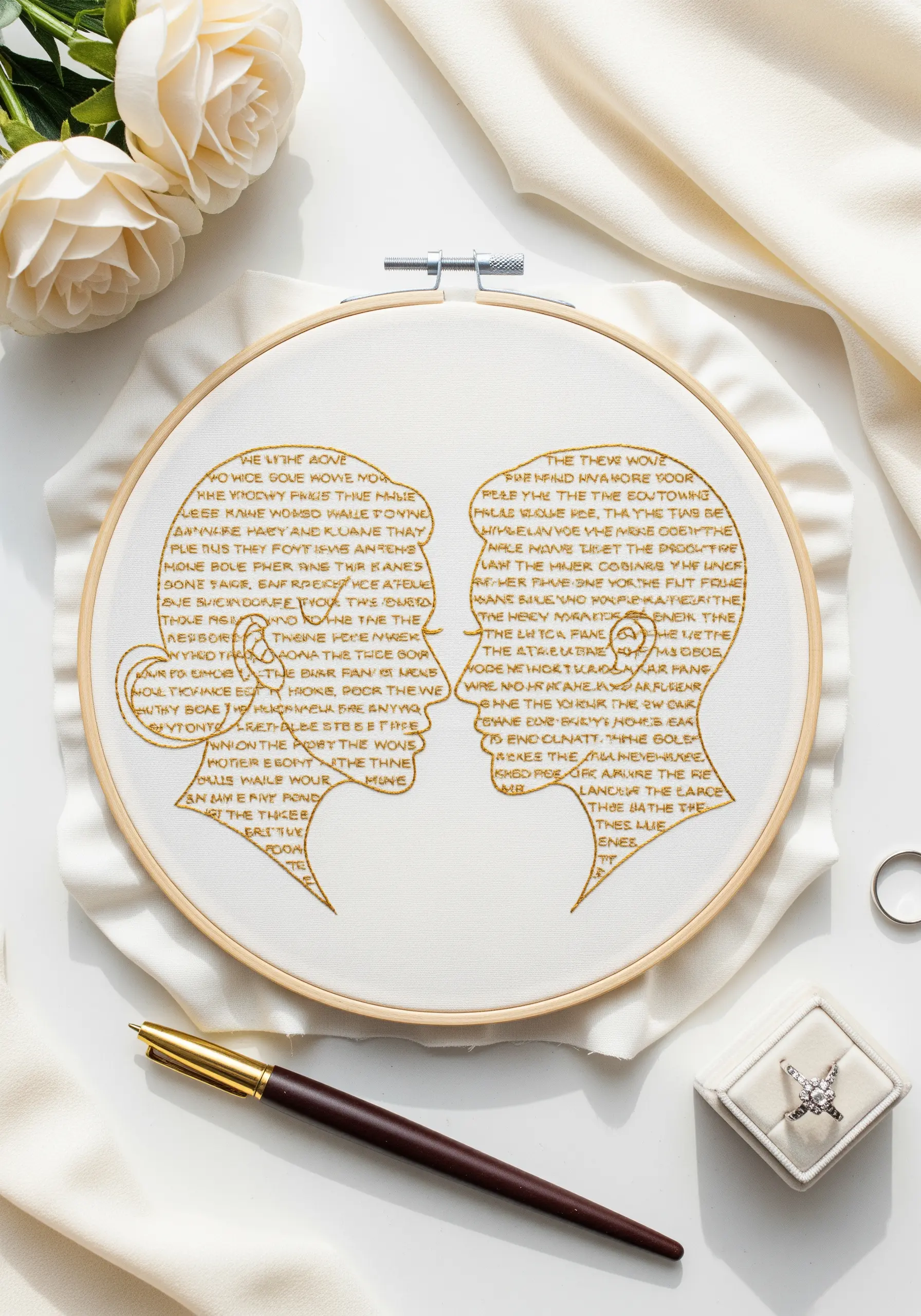 Two facial profiles filled with embroidered gold text, forming a unique and personal portrait.