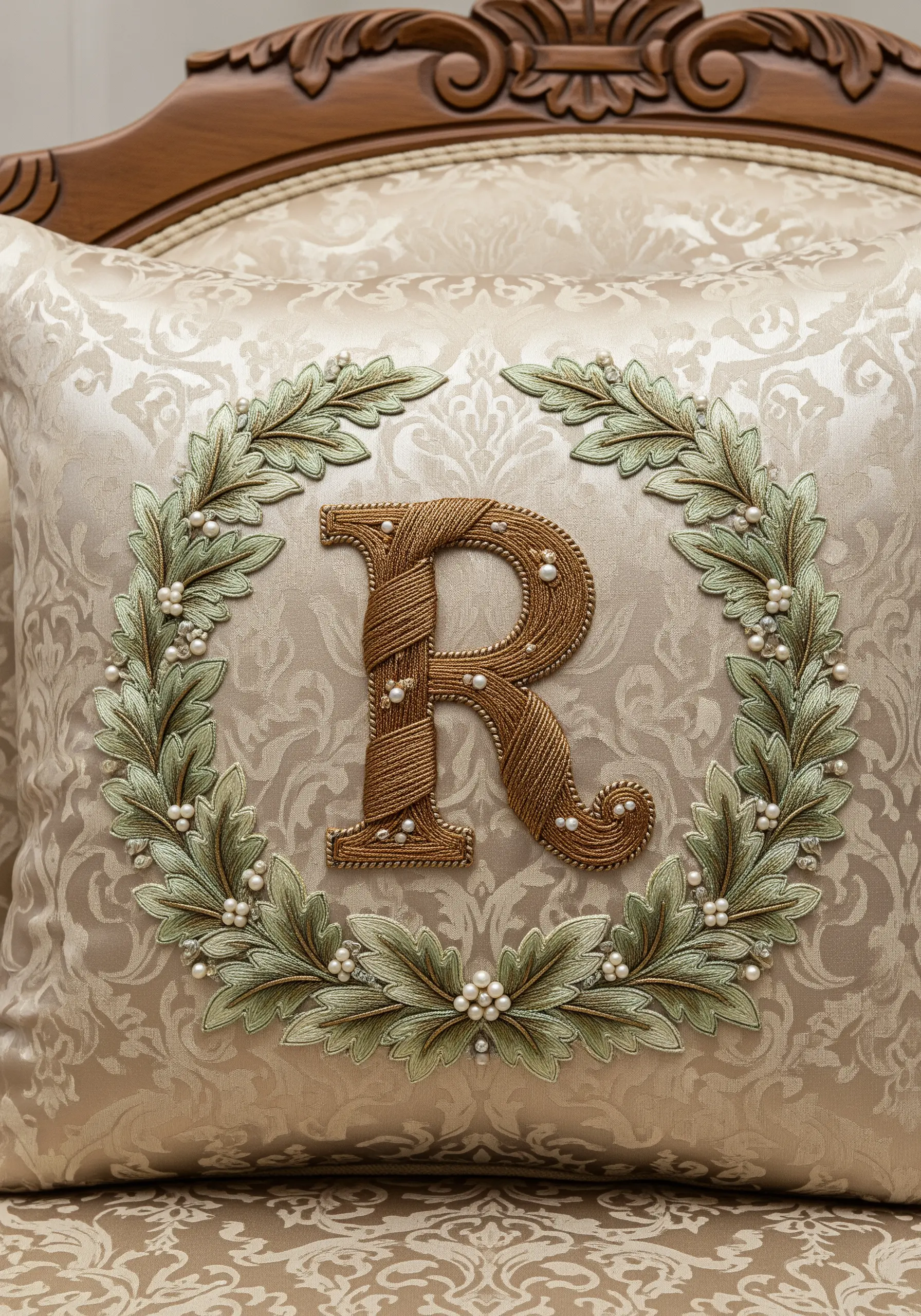 A gold couched monogram 'R' surrounded by a green leafy wreath with pearls.