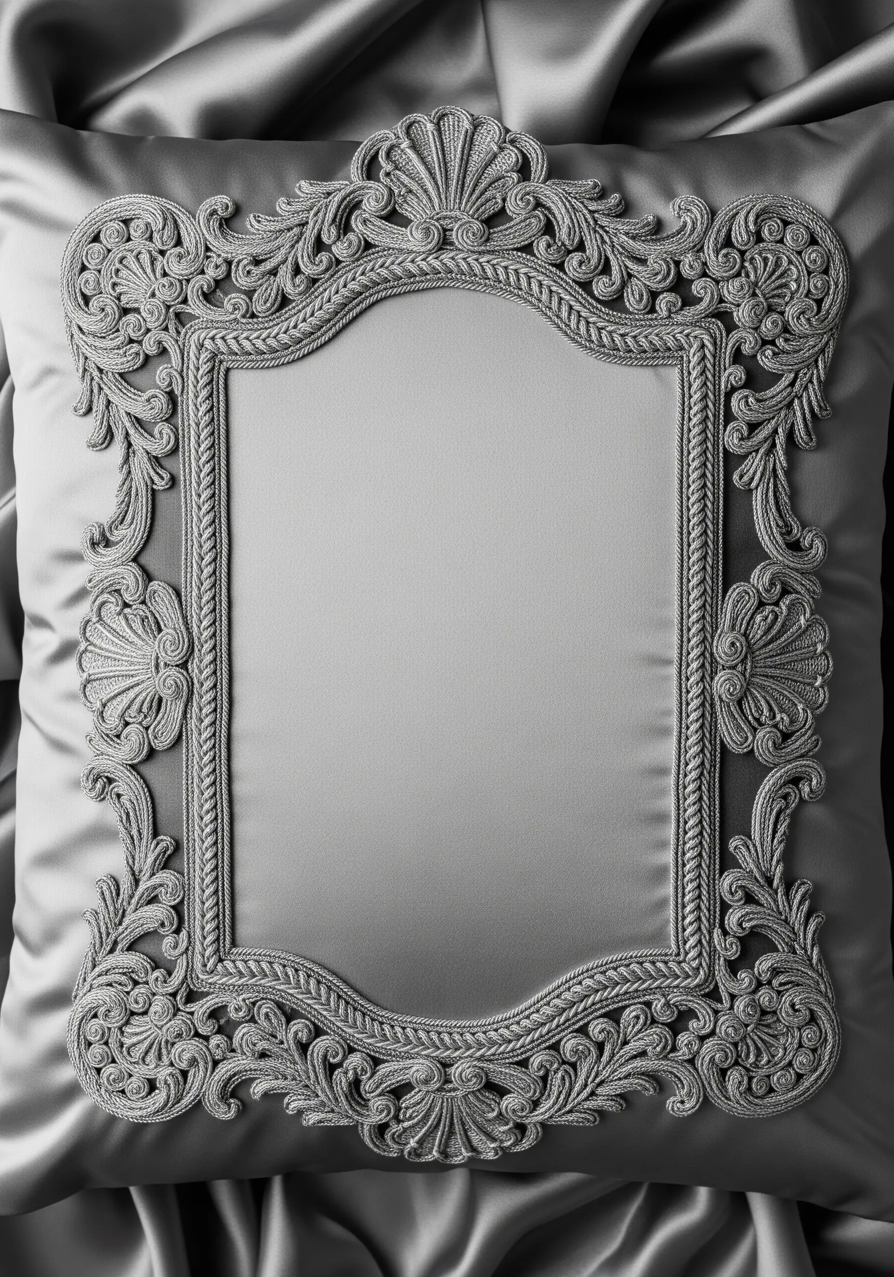 An ornate silver rococo-style empty frame embroidered on a grey satin cushion.