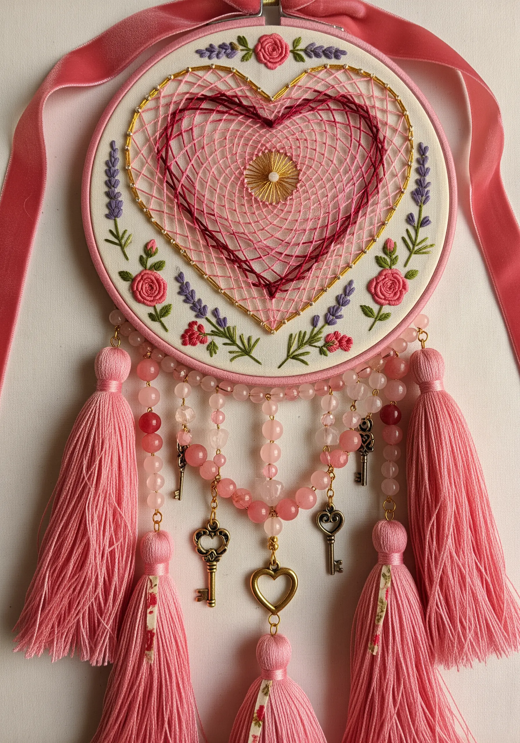Heart-shaped string art dreamcatcher framed by embroidered roses, with key charms.